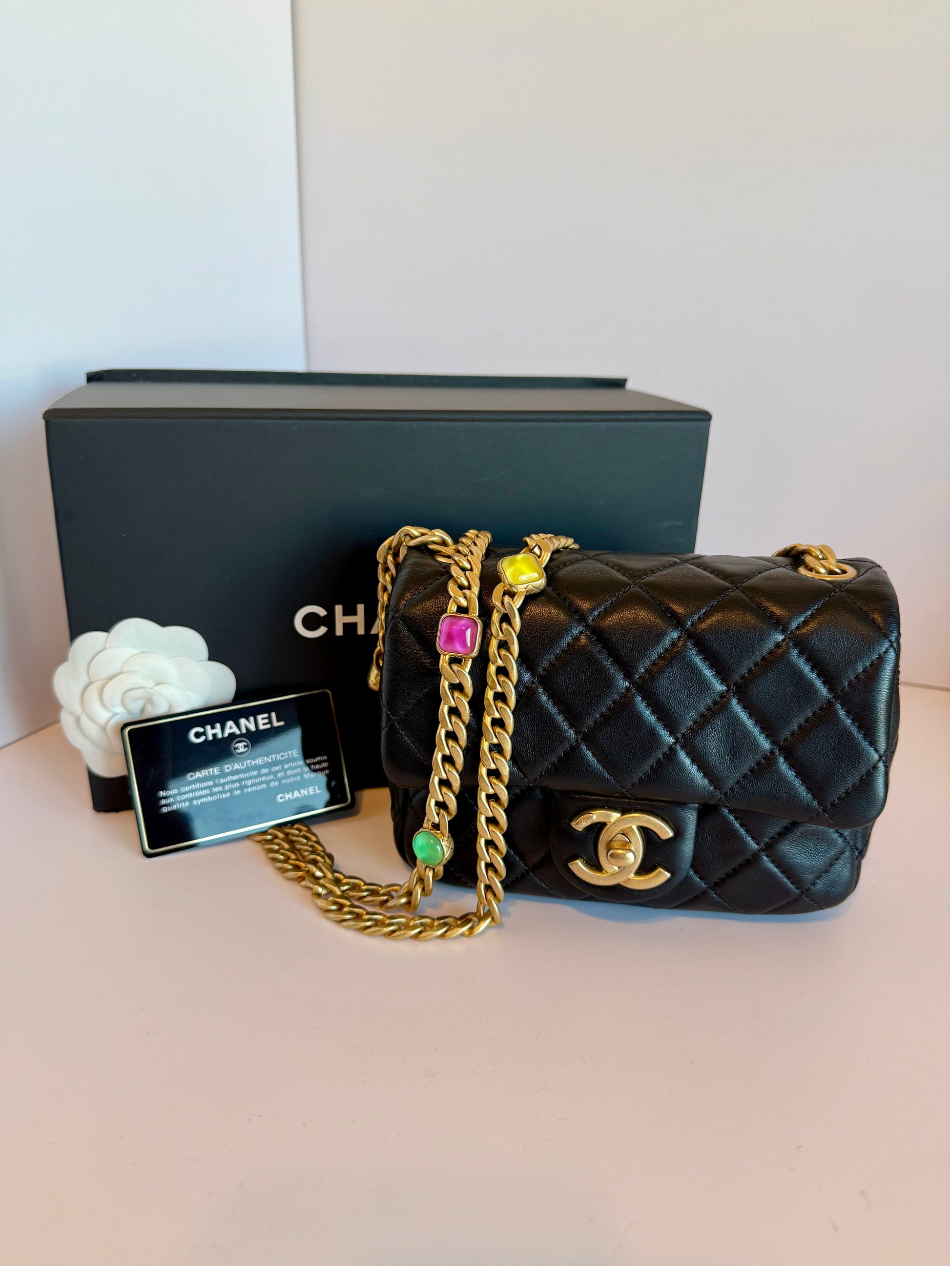 Chanel Lambskin Resin Quilted Mini Rectangular Pearl Samba Flap bag