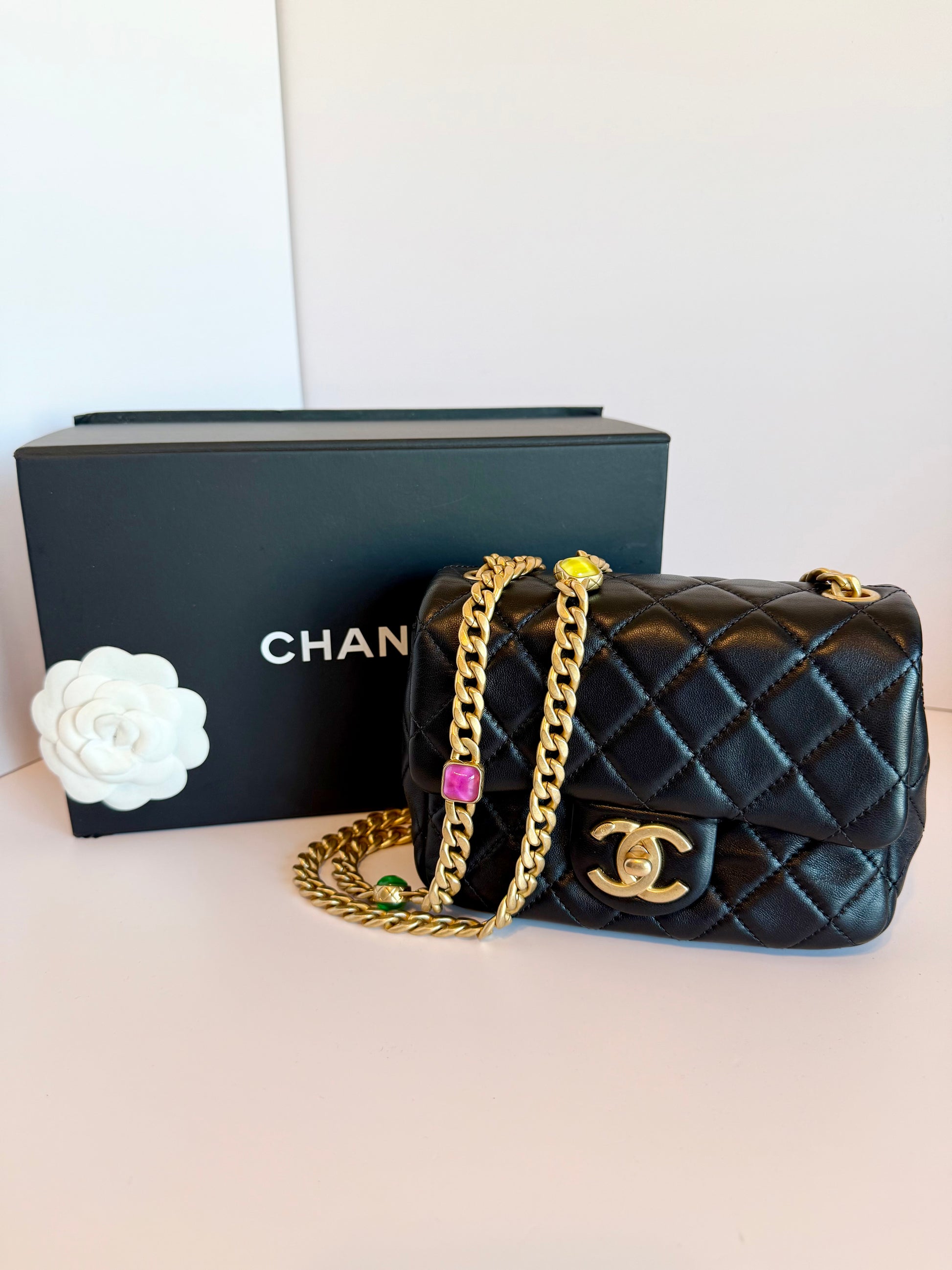 Chanel Lambskin Resin Quilted Mini Rectangular Pearl Samba Flap bag