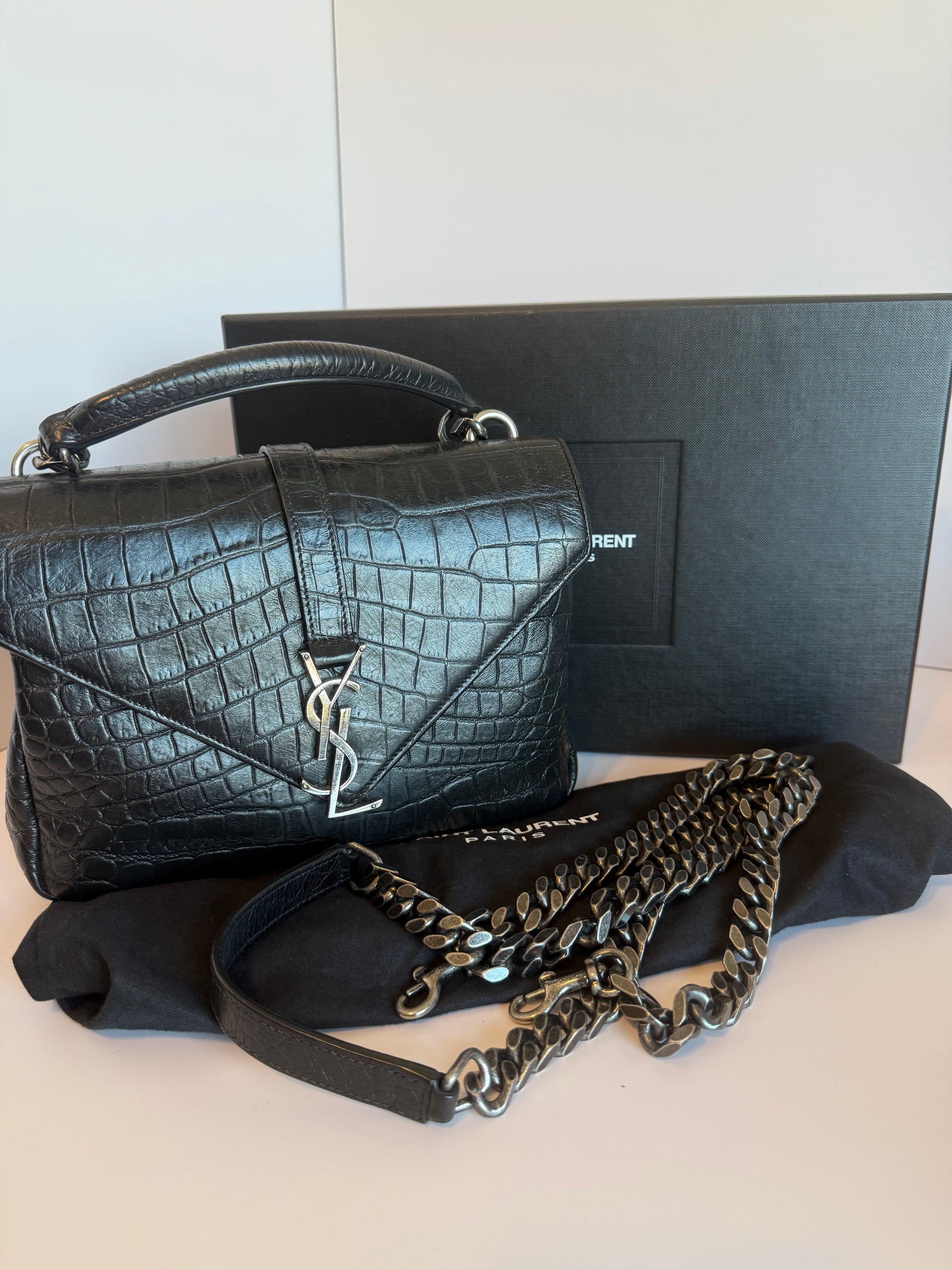 SAINT LAURENT Calfskin Crocodile Embossed Monogram Large College Satchel Black