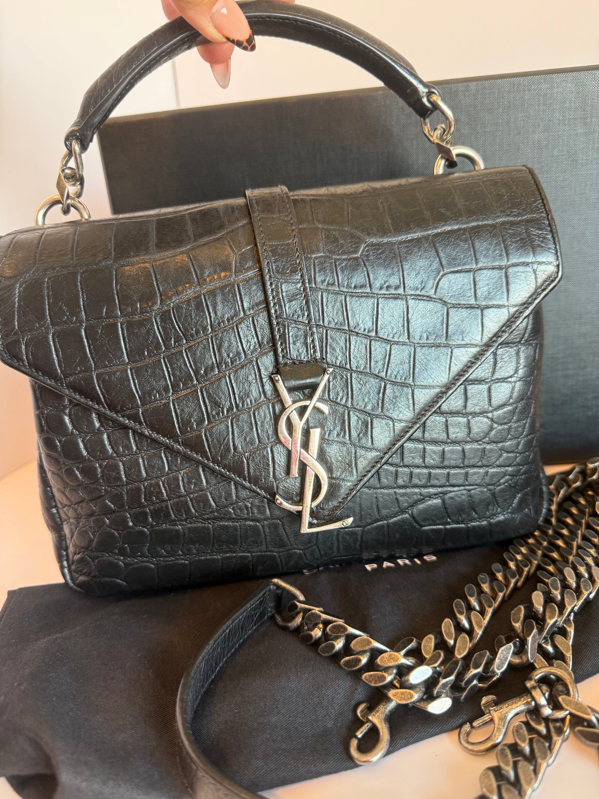 SAINT LAURENT Calfskin Crocodile Embossed Monogram Large College Satchel Black