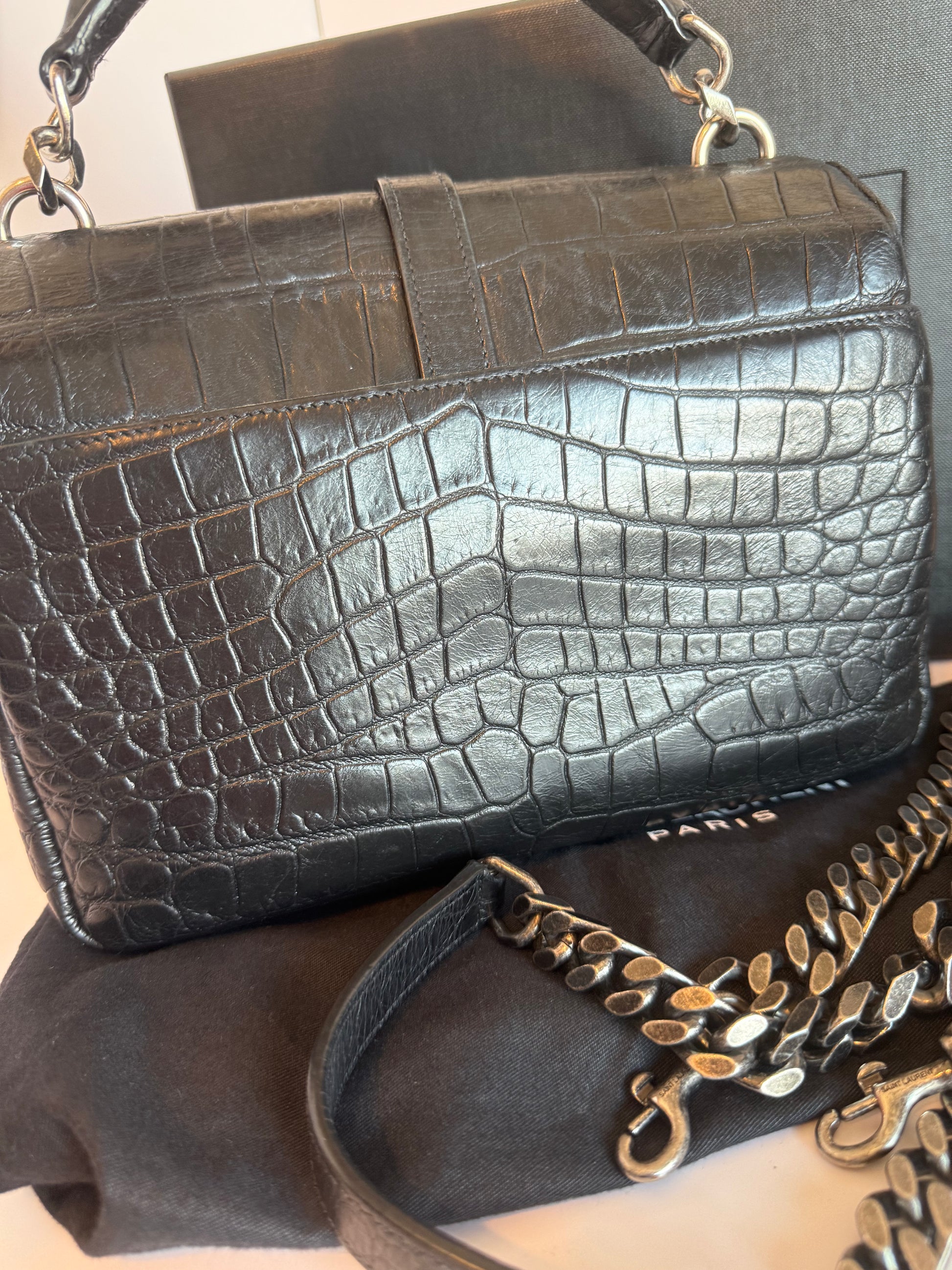 SAINT LAURENT Calfskin Crocodile Embossed Monogram Large College Satchel Black