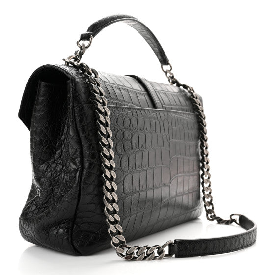 SAINT LAURENT Calfskin Crocodile Embossed Monogram Large College Satchel Black