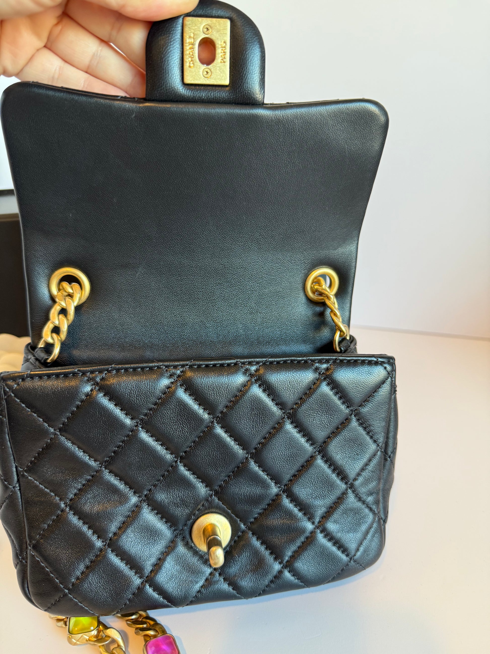 Chanel Lambskin Resin Quilted Mini Rectangular Pearl Samba Flap bag