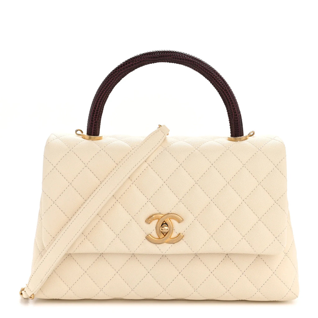 Chanel caviar quilted Coco top handle with lizard trim in cream