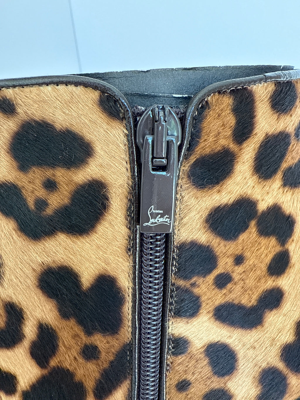 Christian Louboutin Castarika 85 Pony Leopard Black Ankle Block Heel Bootie 40