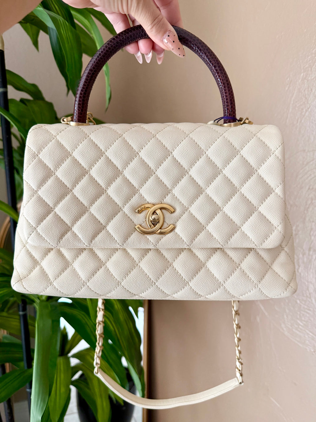 Chanel caviar quilted Coco top handle with lizard trim in cream