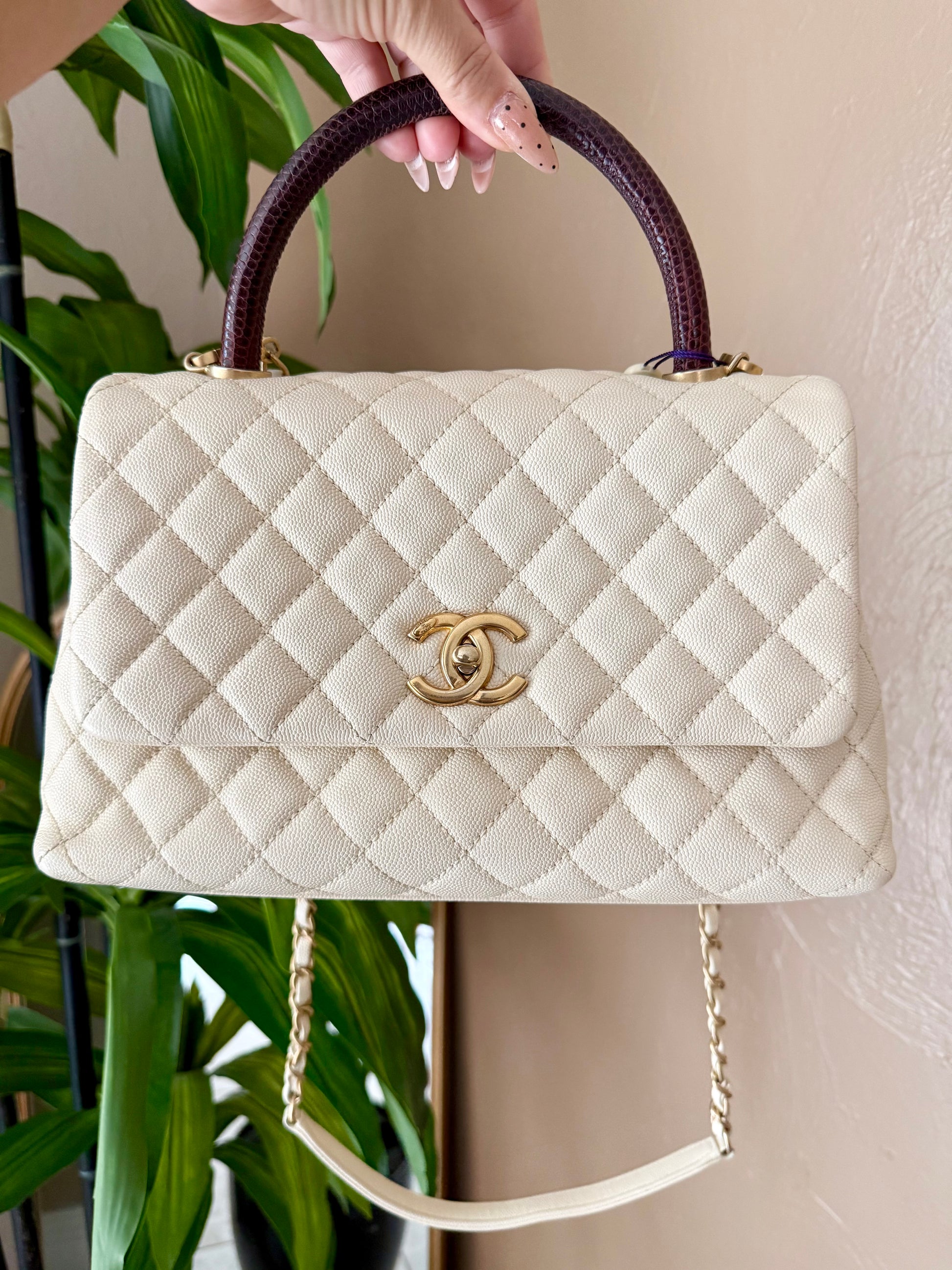 Chanel caviar quilted Coco top handle with lizard trim in cream