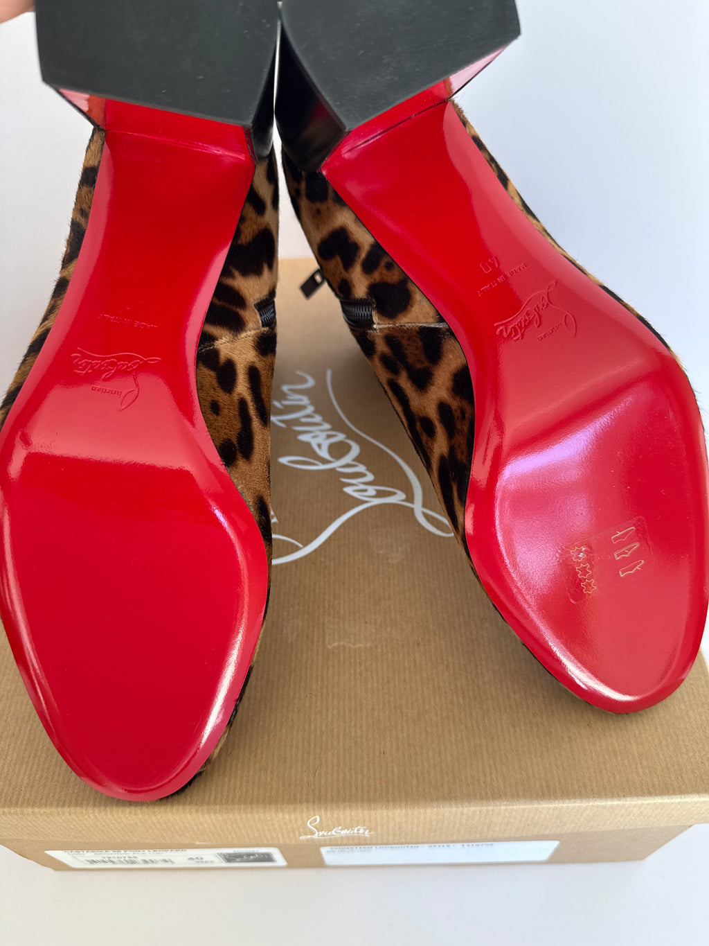 Christian Louboutin Castarika 85 Pony Leopard Black Ankle Block Heel Bootie 40