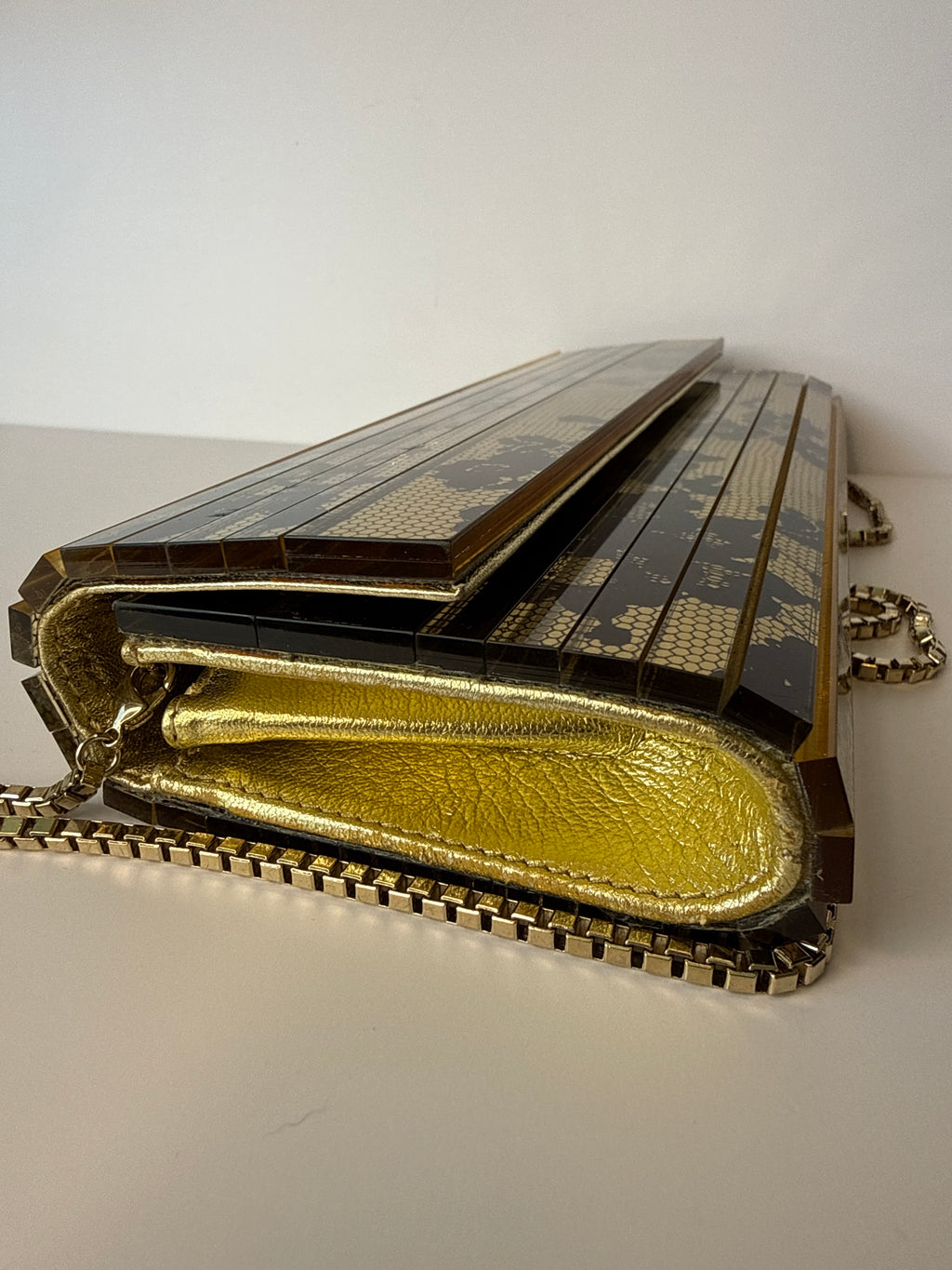 Jimmy Choo Acrylic Lace Sweetie Clutch Gold Black