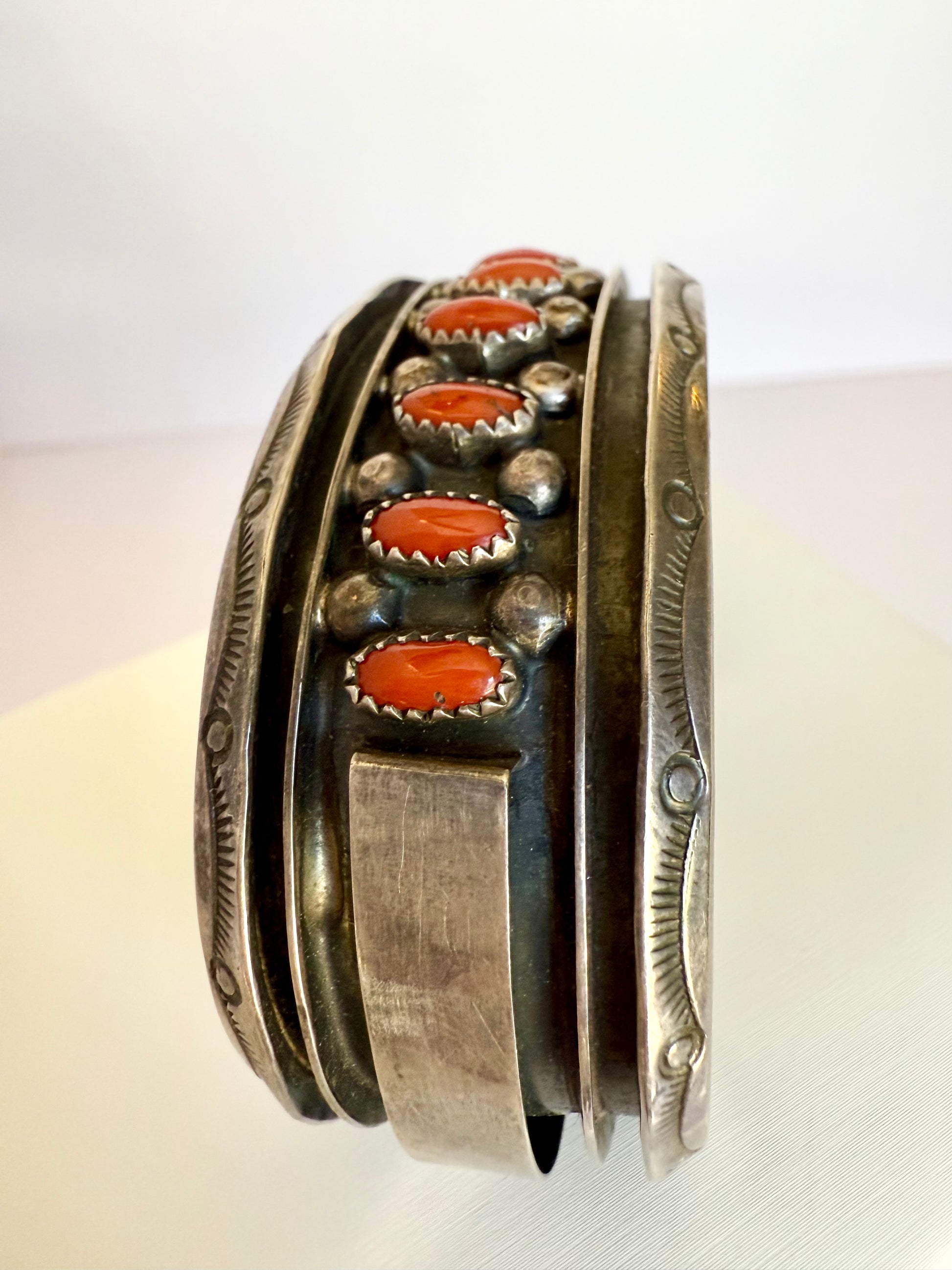Navajo coral and silver cuff bracelet