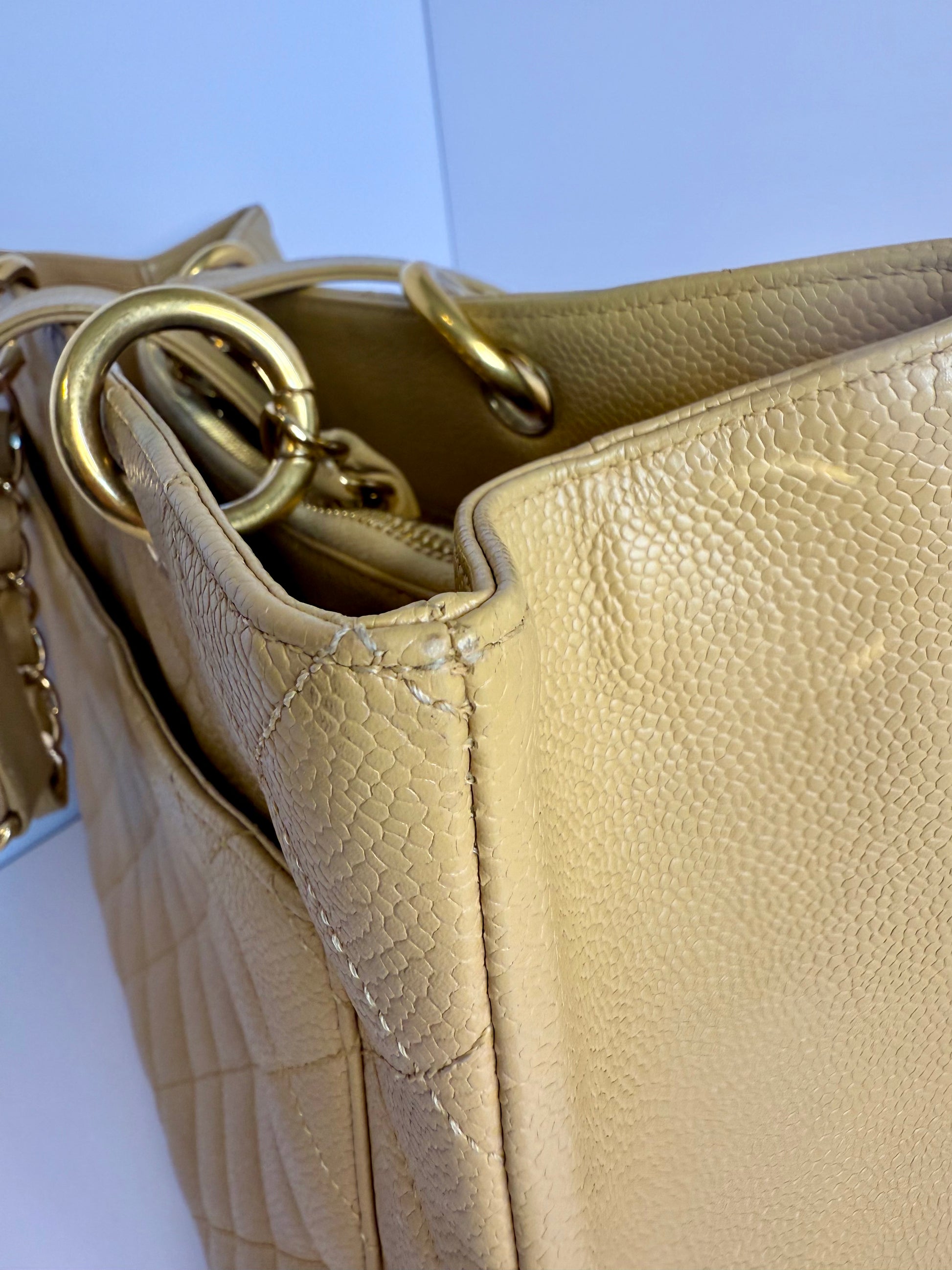 Chanel Caviar Quilted CC Shopping tote tan