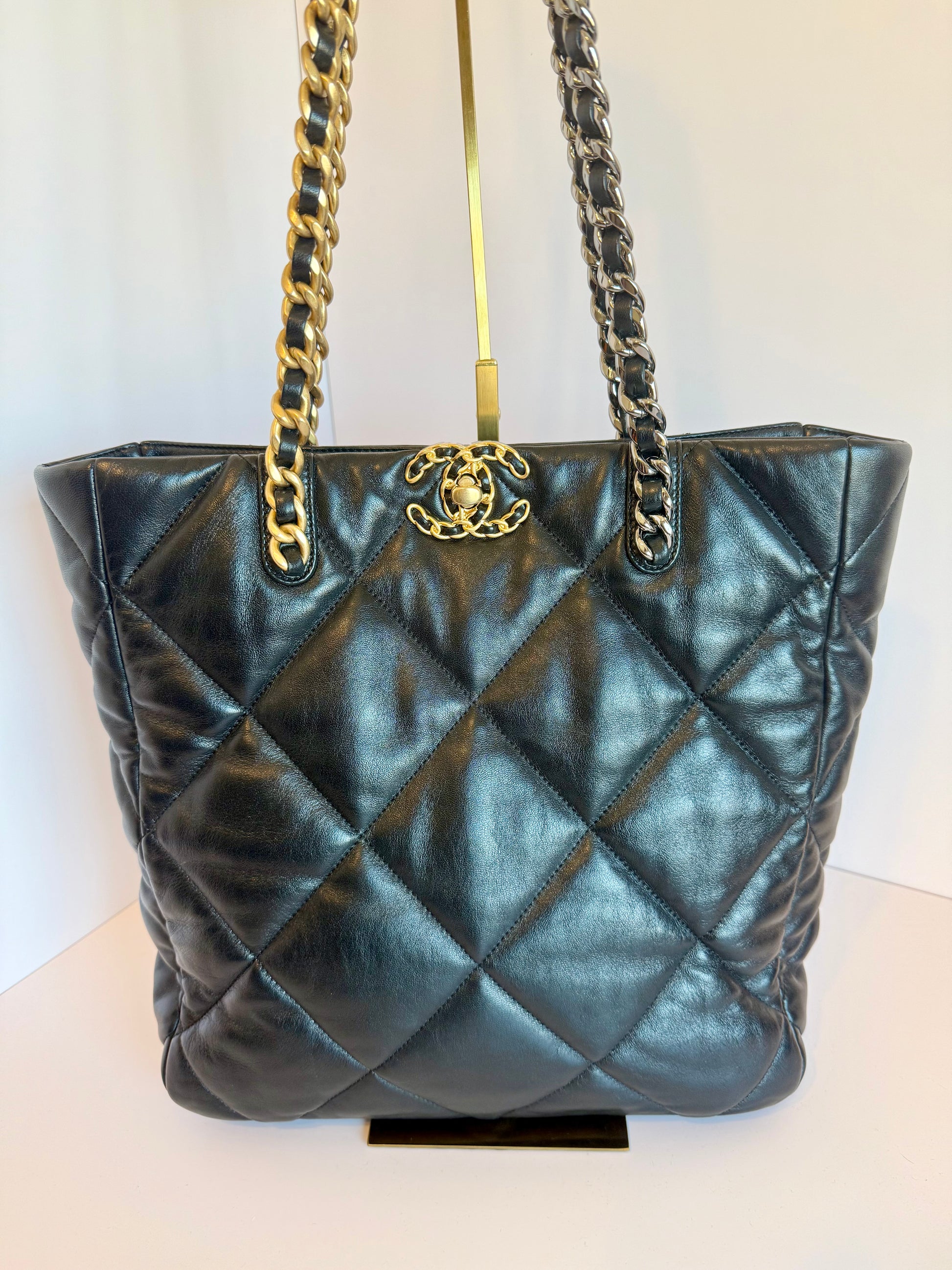 Chanel 19 quilted lamb leather vertical tote