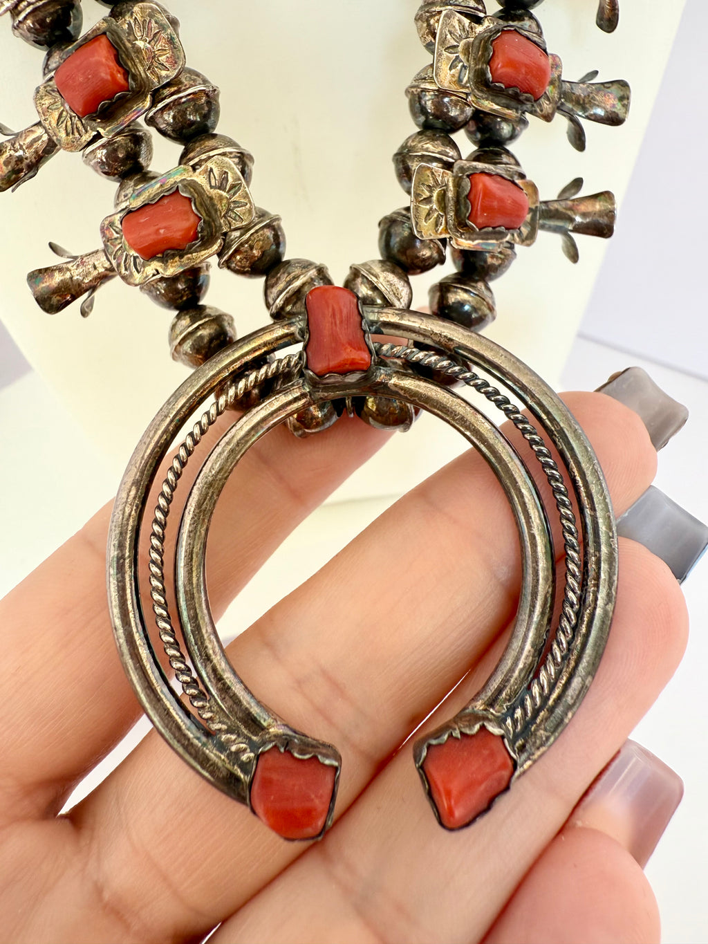 Navajo squash blossom sterling silver coral