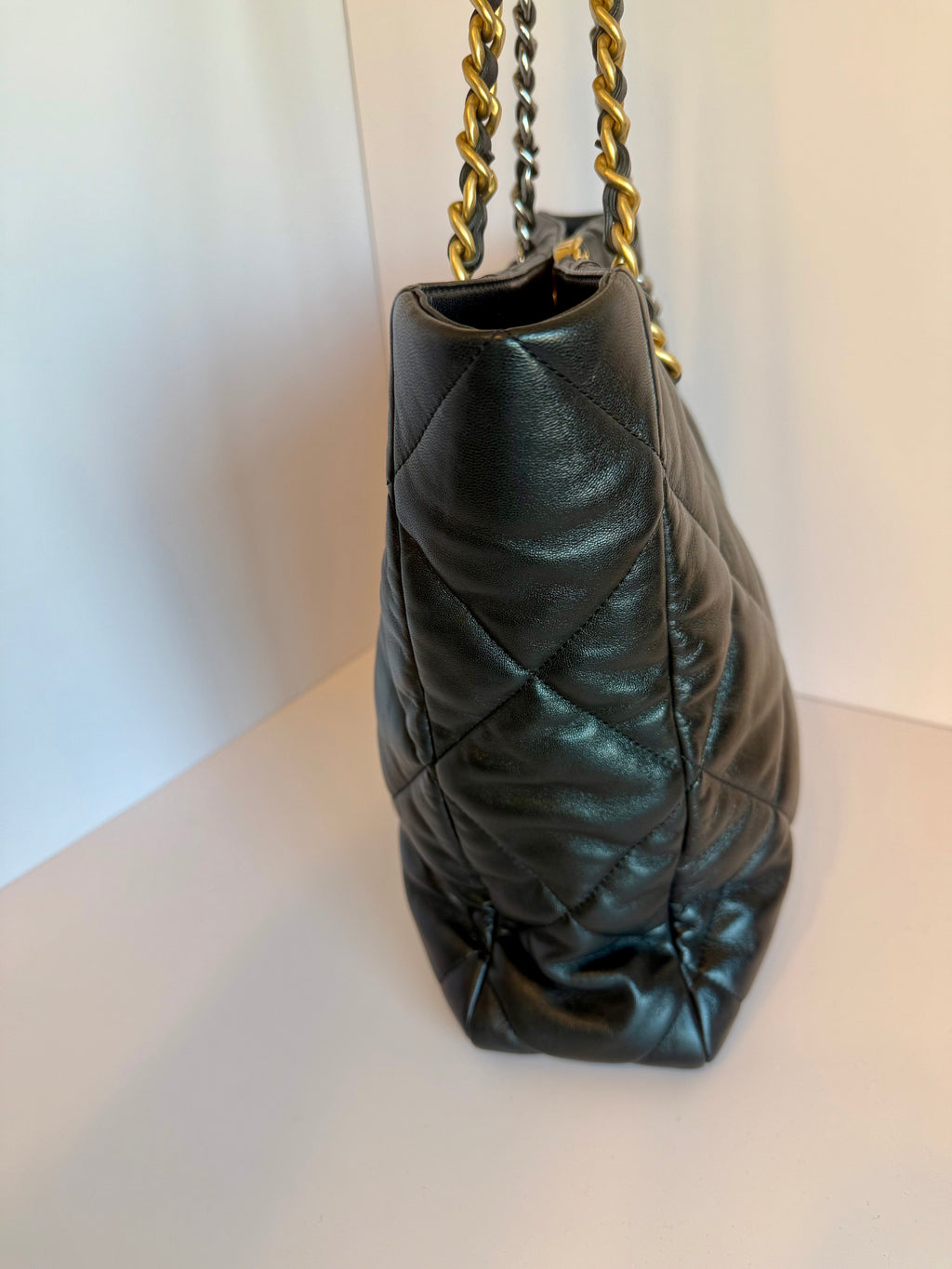 Chanel 19 quilted lamb leather vertical tote