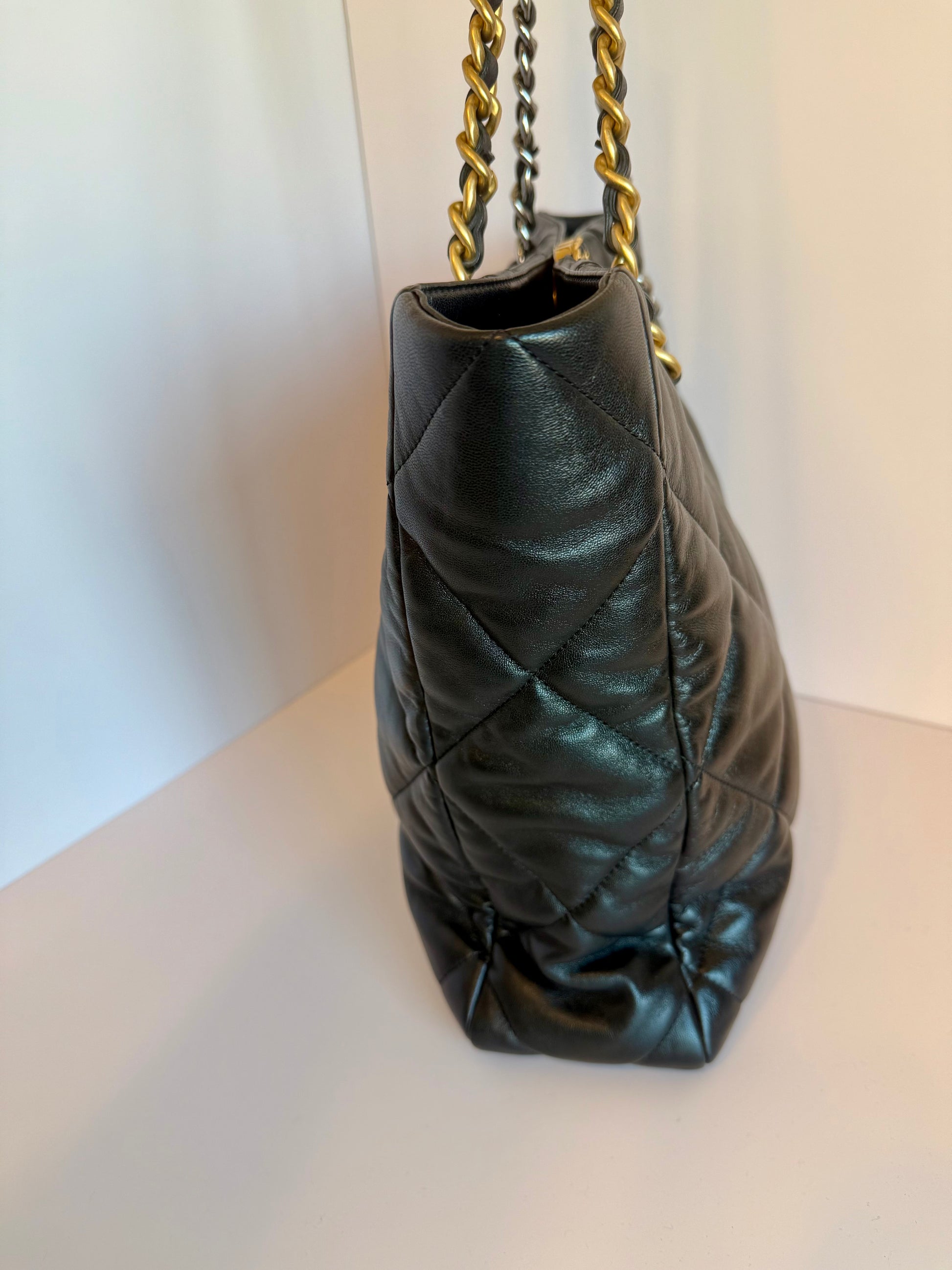 Chanel 19 quilted lamb leather vertical tote