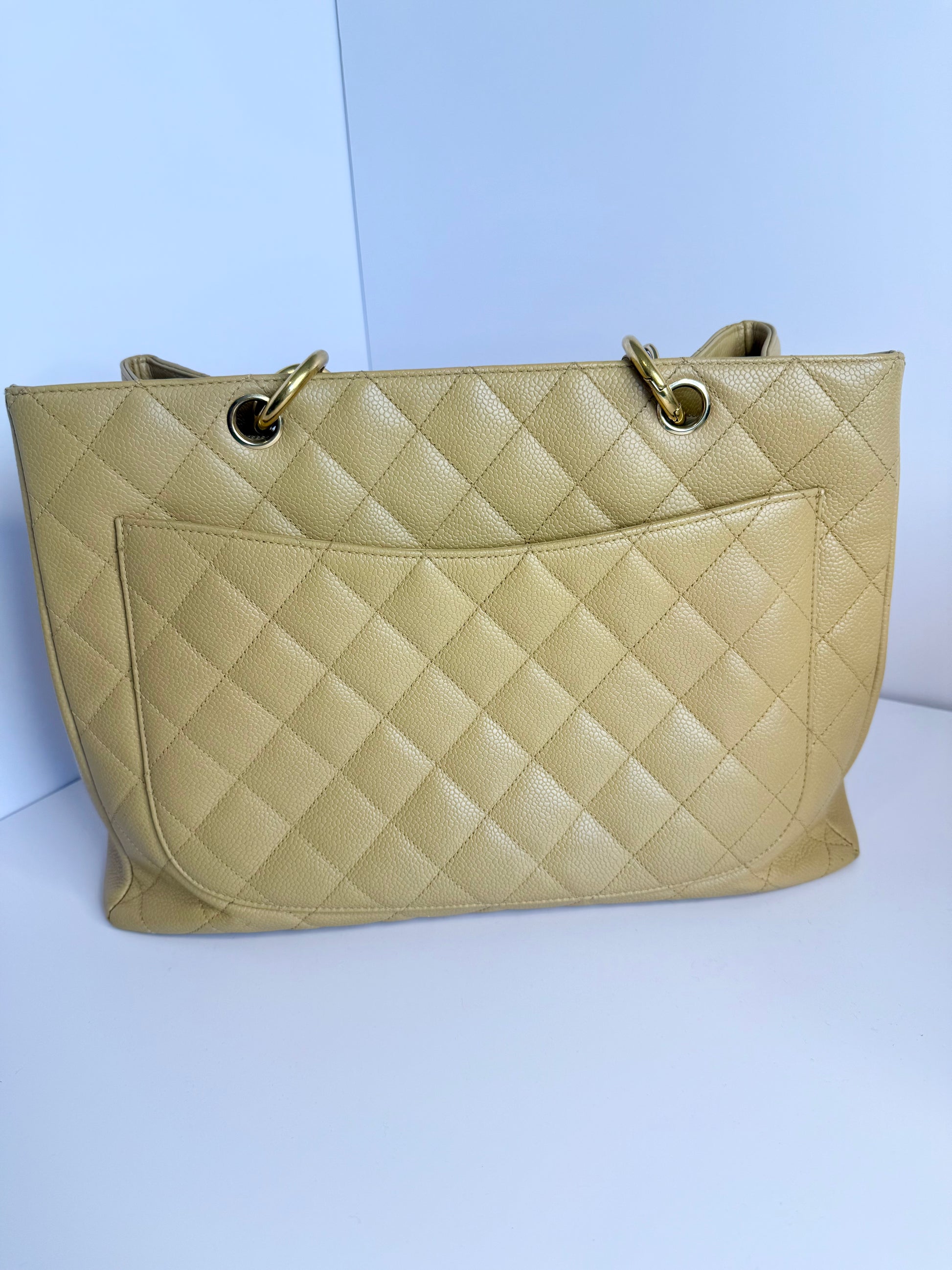 Chanel Caviar Quilted CC Shopping tote tan