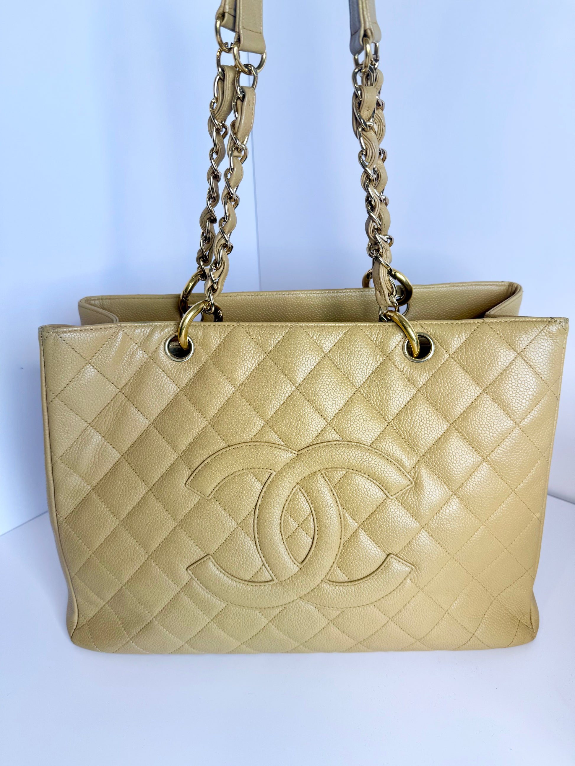 Chanel Caviar Quilted CC Shopping tote tan