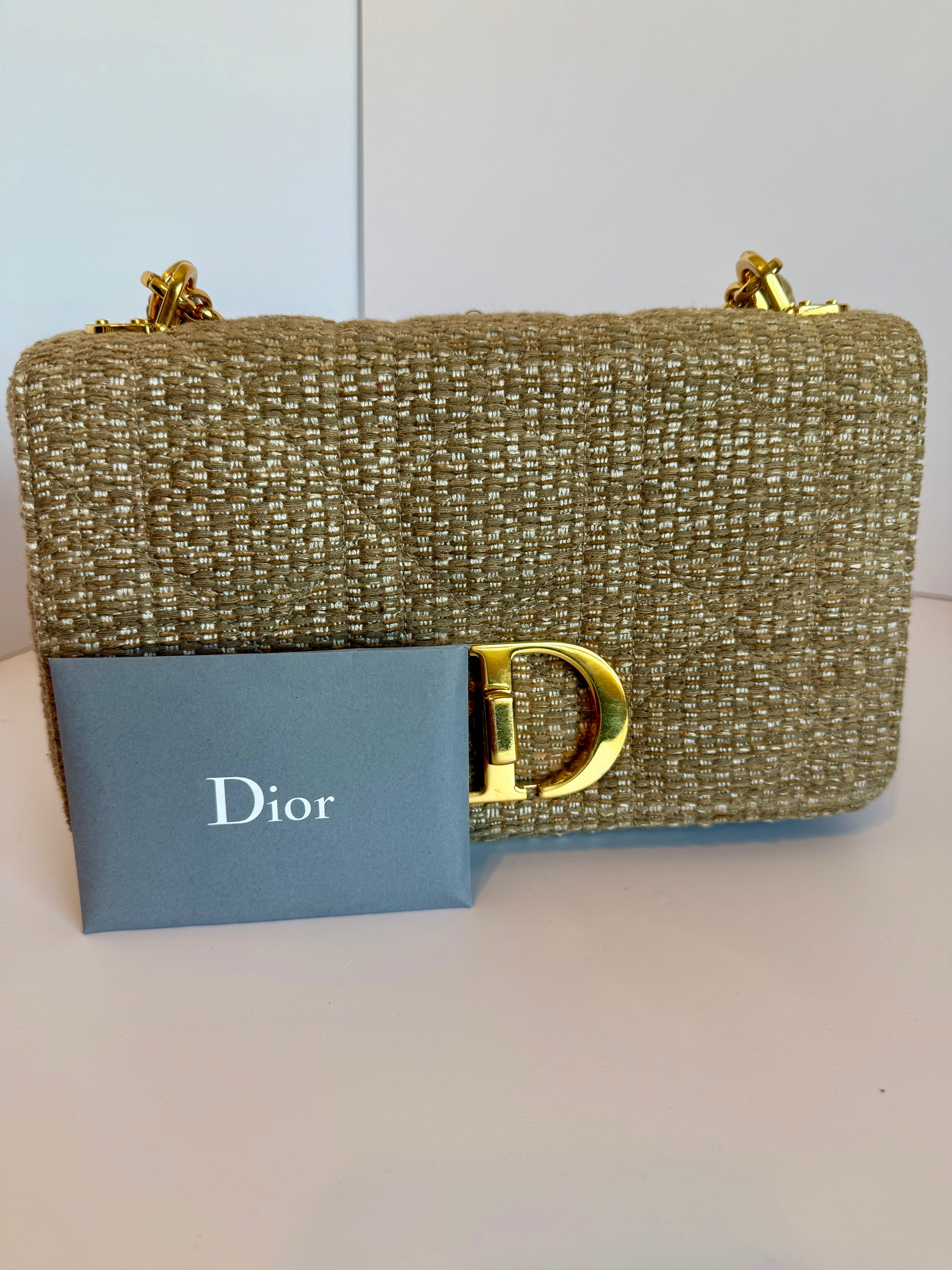 Christian Dior Calfskin Tweed Embroidered Cannage Medium Caro Bag Beige Gold