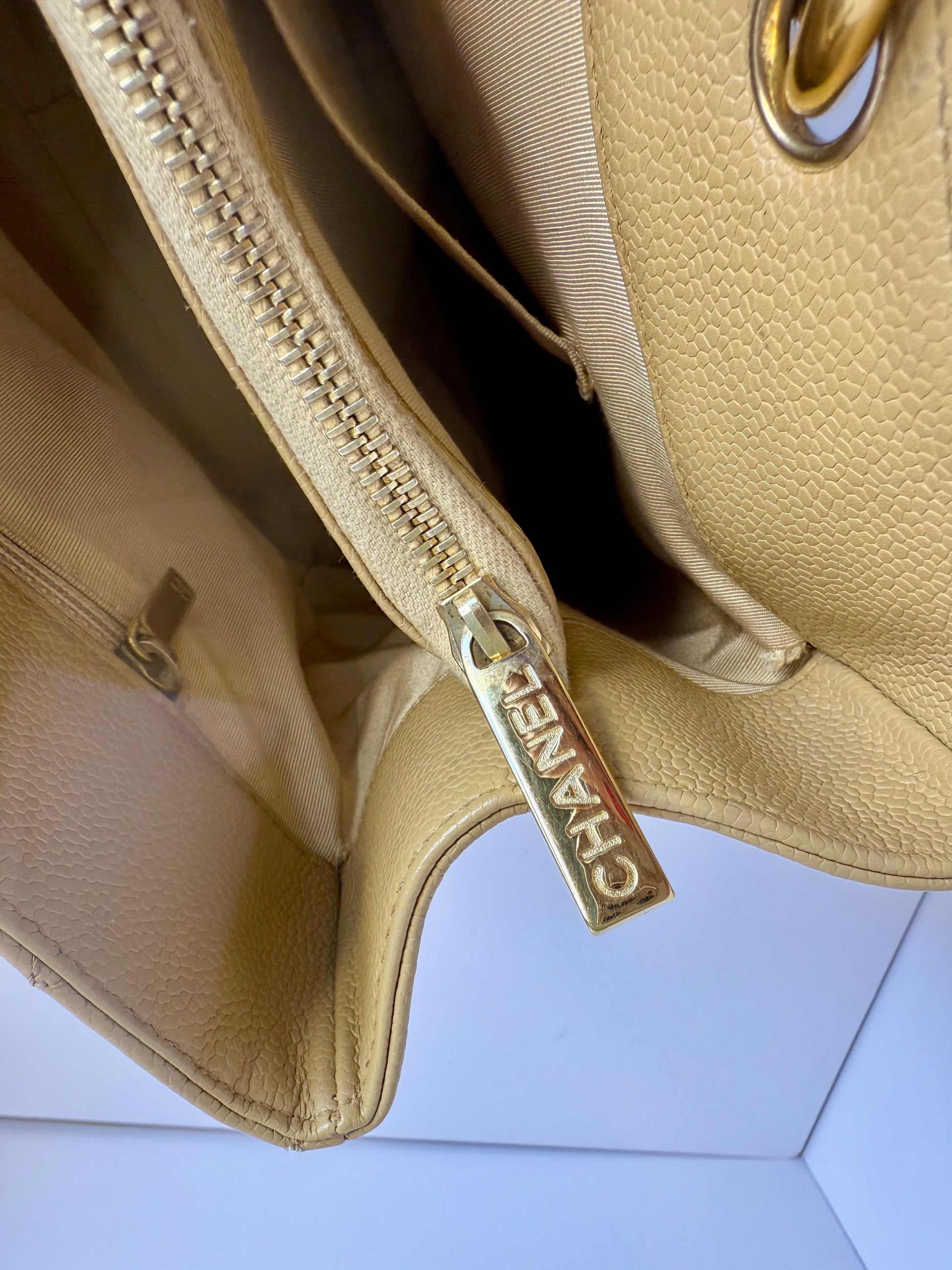 Chanel Caviar Quilted CC Shopping tote tan