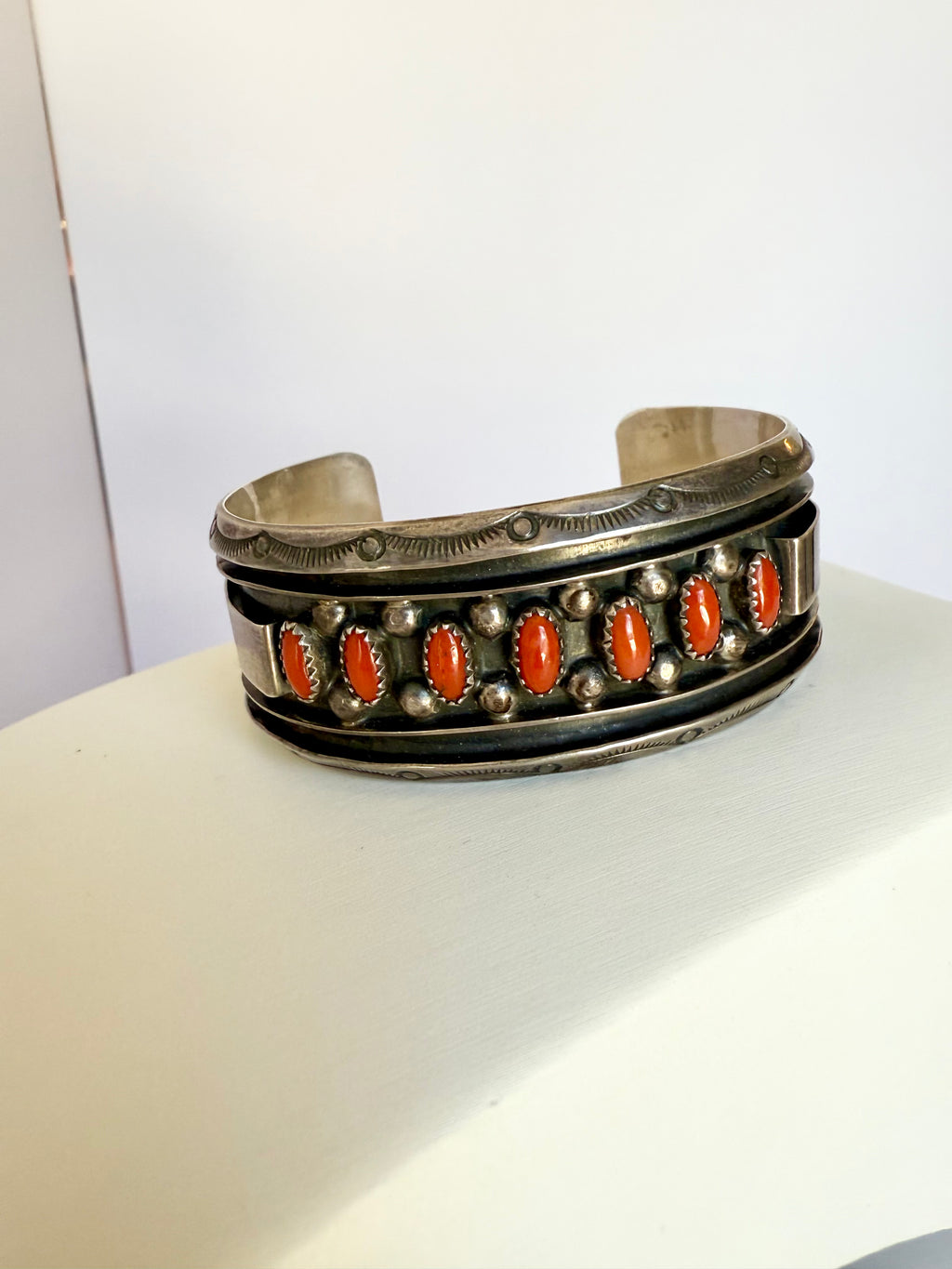 Navajo coral and silver cuff bracelet