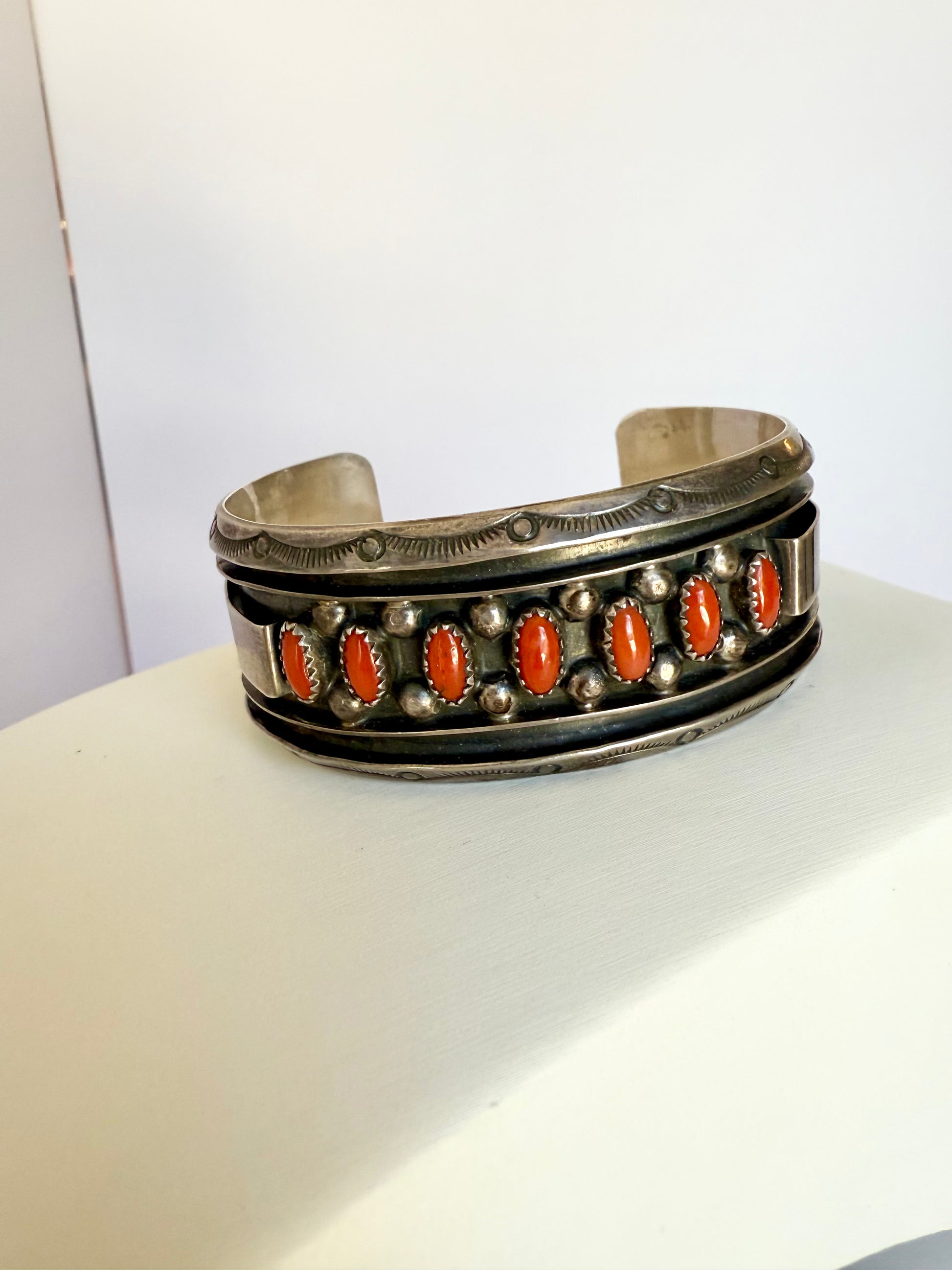 Navajo coral and silver cuff bracelet