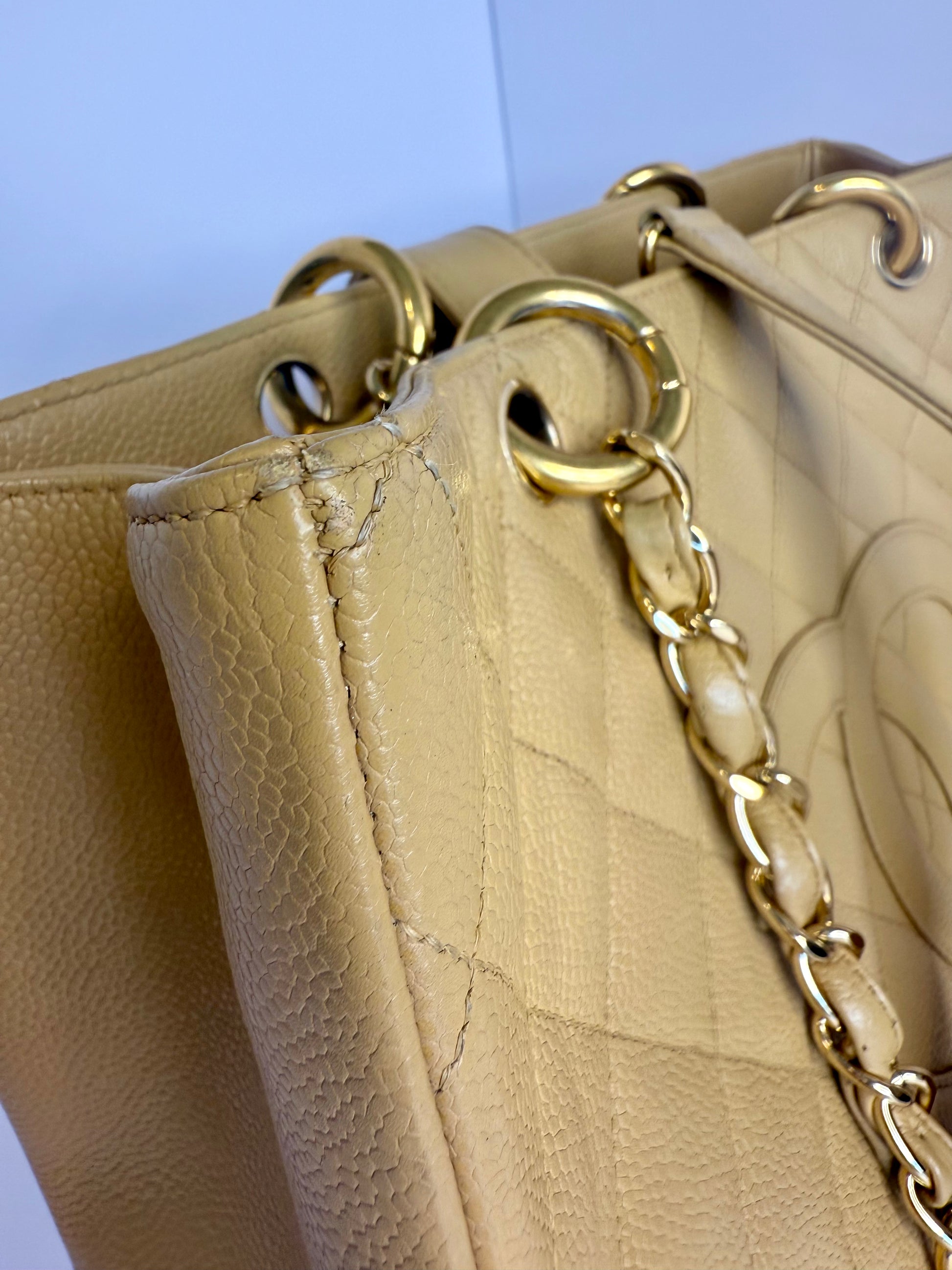 Chanel Caviar Quilted CC Shopping tote tan