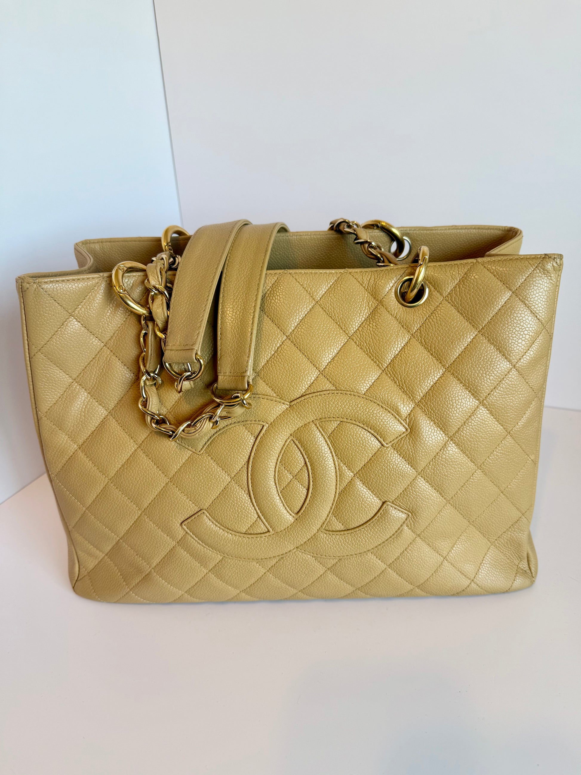 Chanel Caviar Quilted CC Shopping tote tan