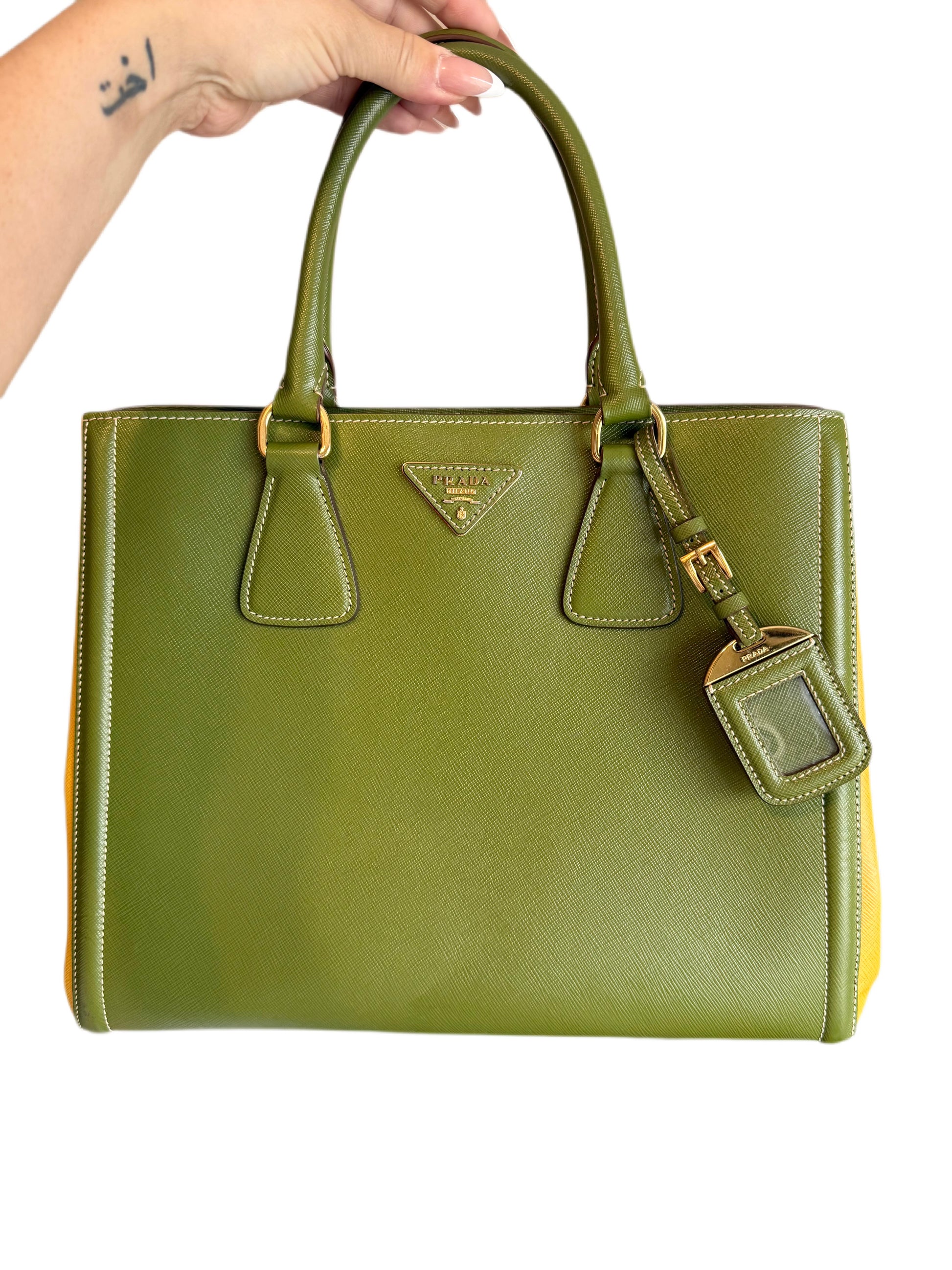 Prada Bicolor Saffiano Lux tote green and yellow bi-color