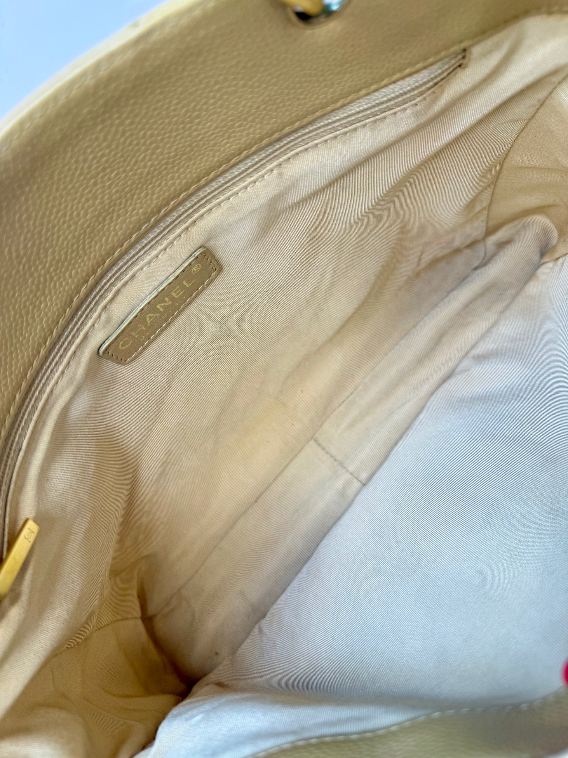 Chanel Caviar Quilted CC Shopping tote tan