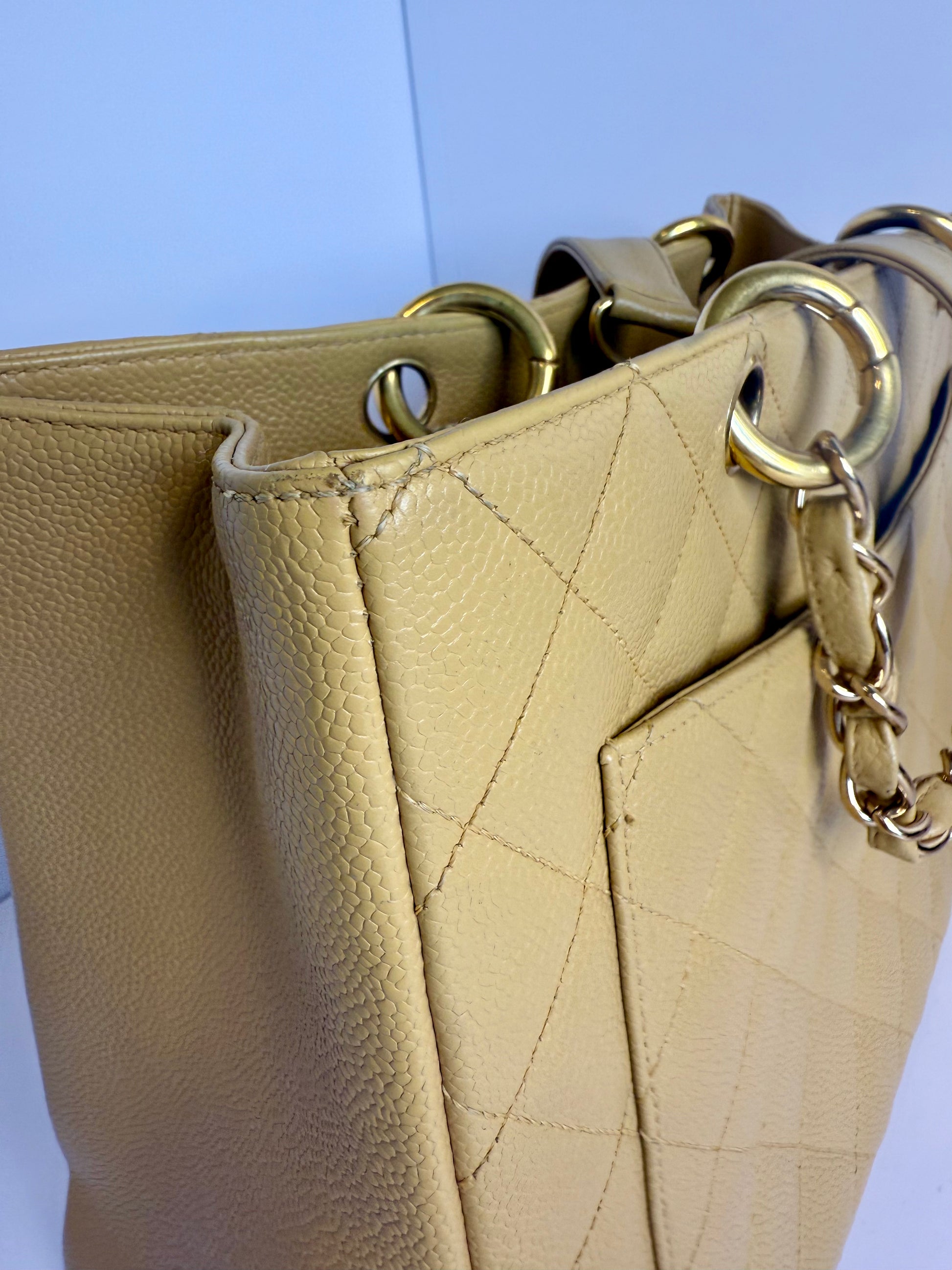 Chanel Caviar Quilted CC Shopping tote tan