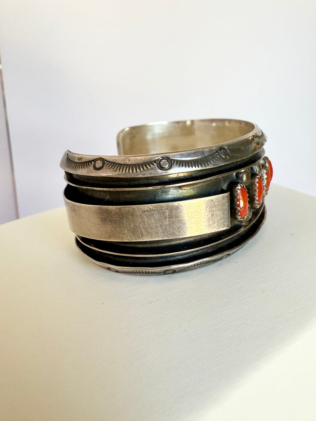 Navajo coral and silver cuff bracelet