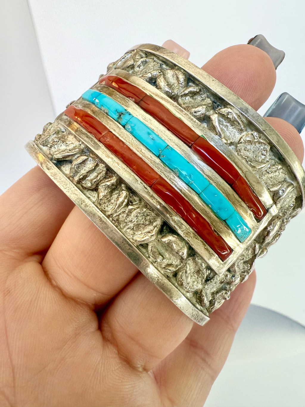 Zuni turquoise and coral cuff bracelet