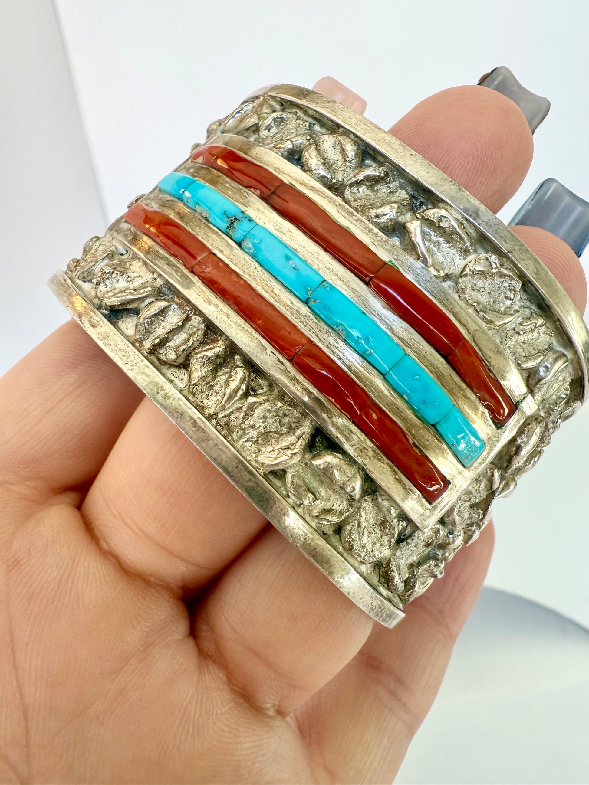 Zuni turquoise and coral cuff bracelet