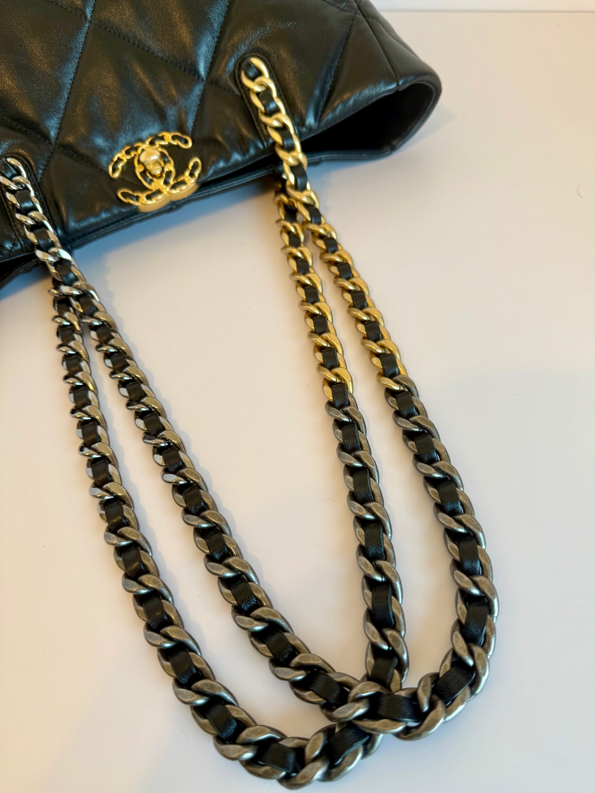 Chanel 19 quilted lamb leather vertical tote