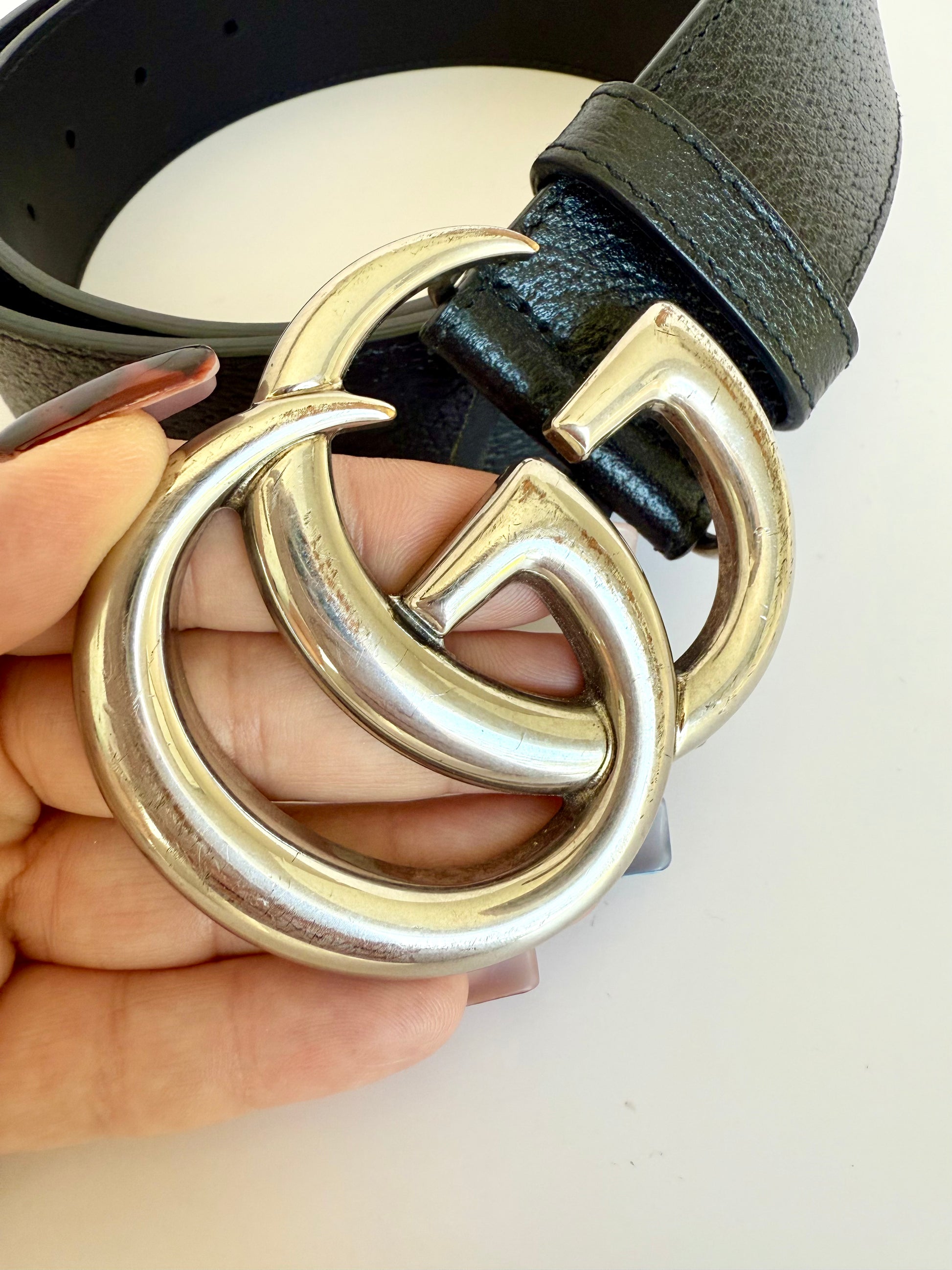 Gucci black and silver GG belt size 85