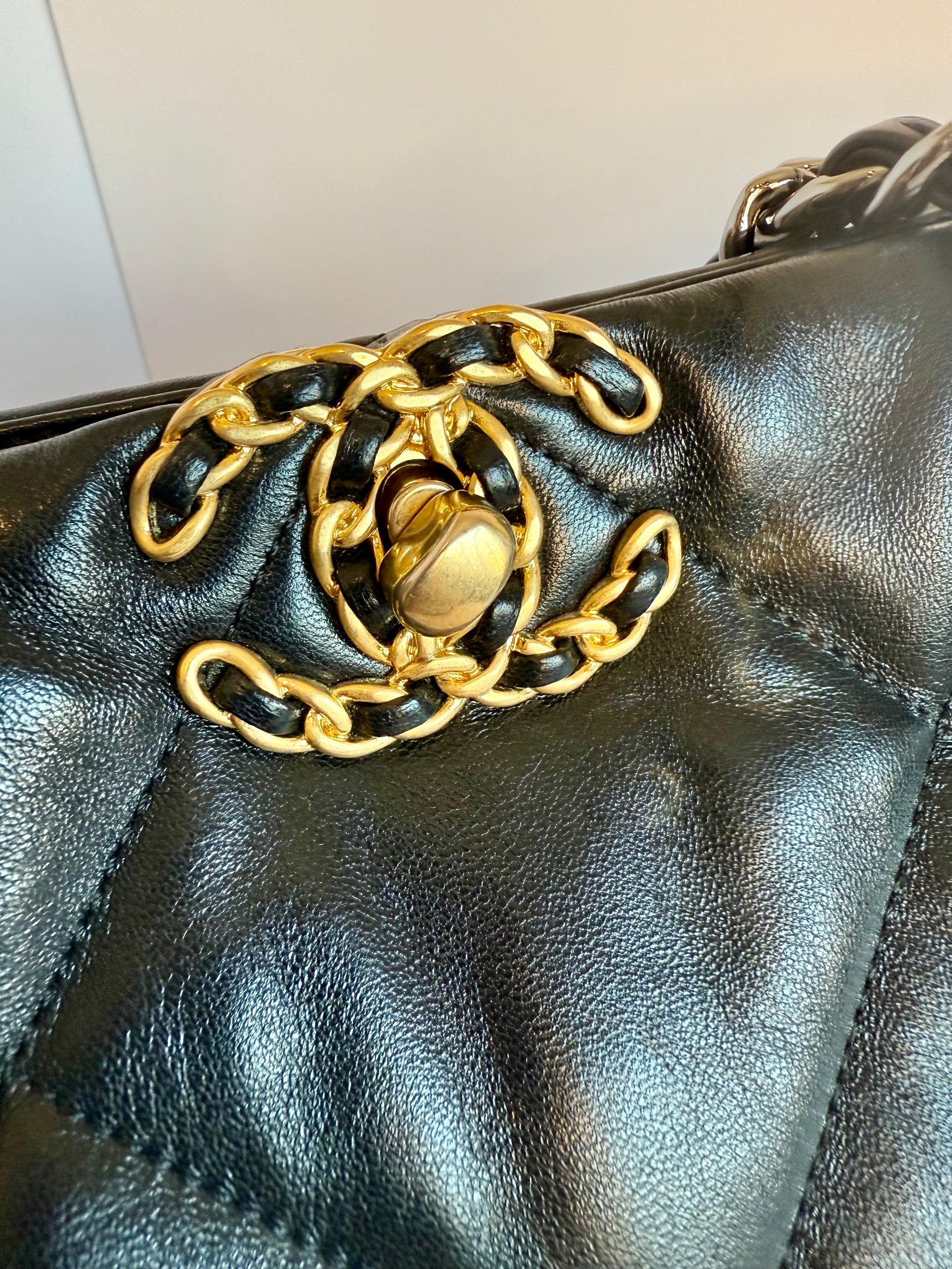 Chanel 19 quilted lamb leather vertical tote