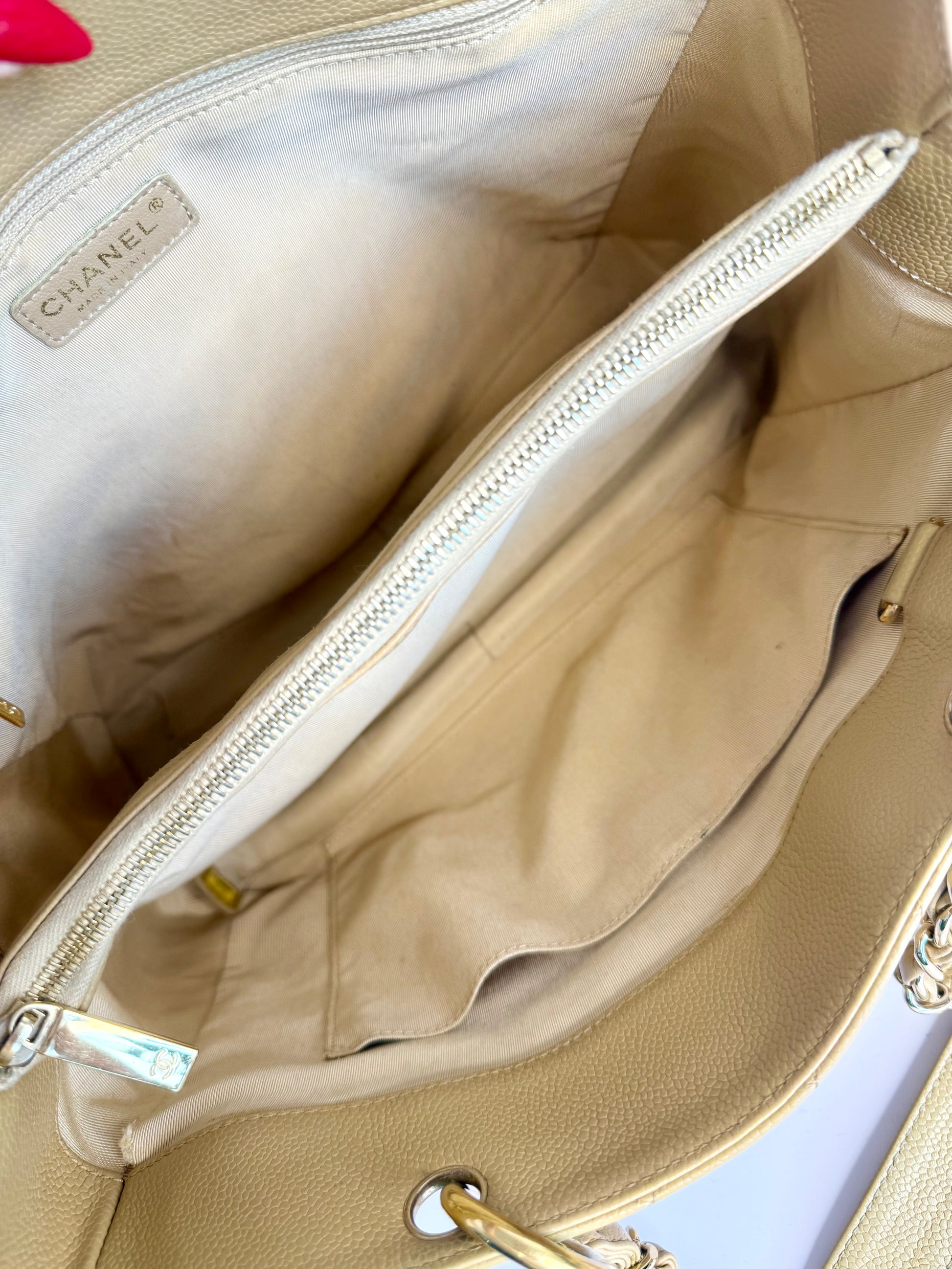 Chanel Caviar Quilted CC Shopping tote tan