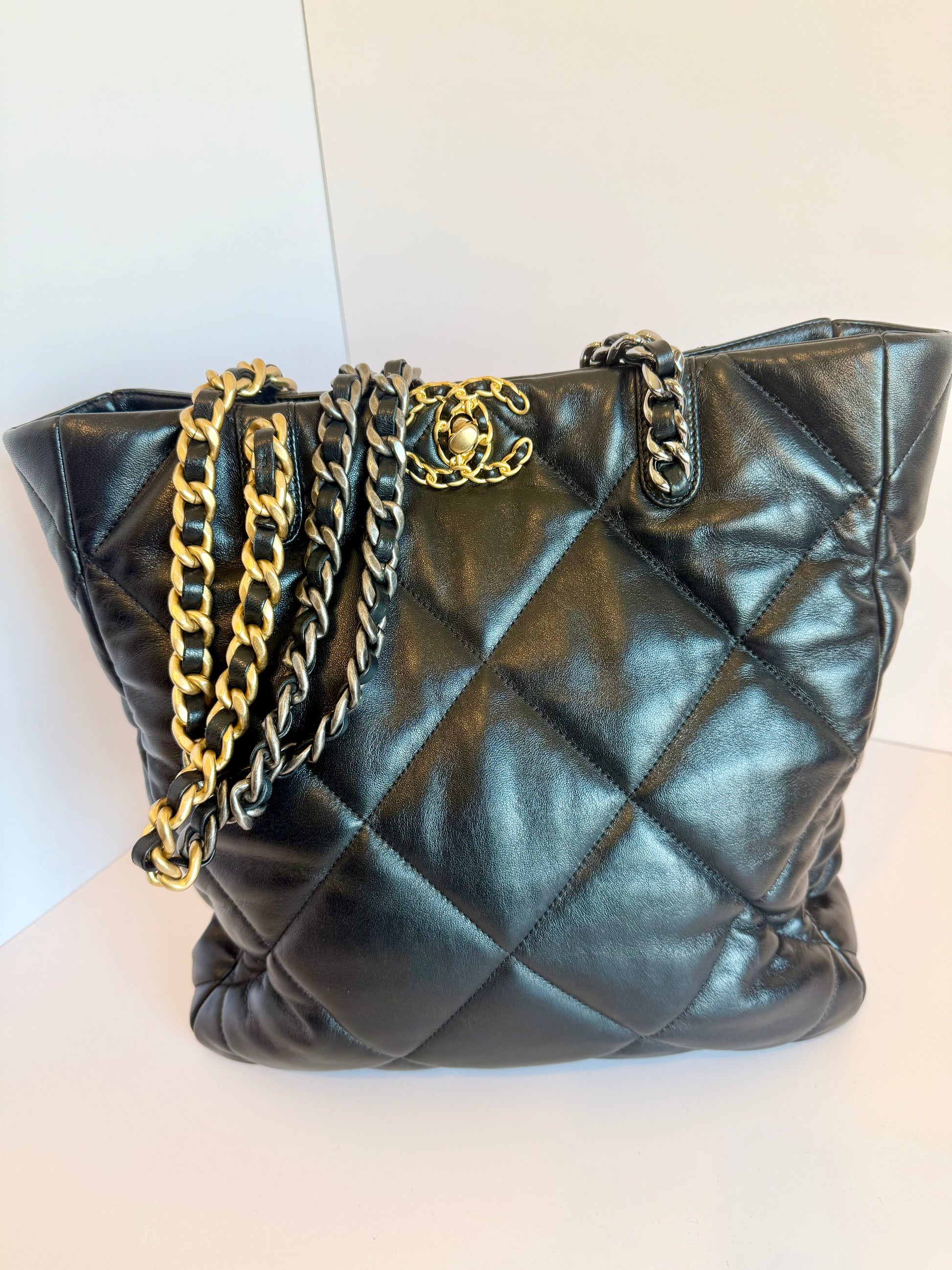 Chanel 19 quilted lamb leather vertical tote