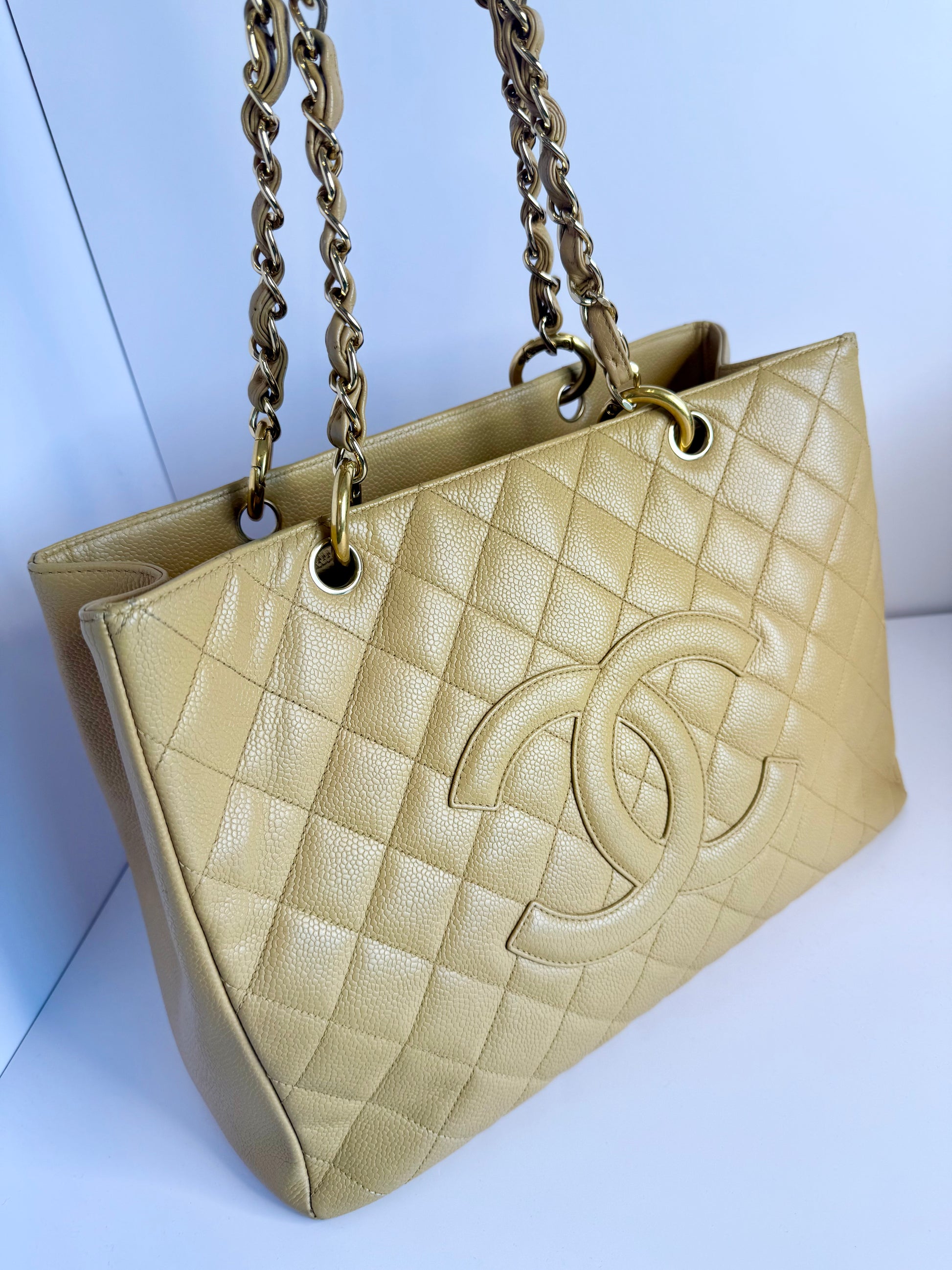 Chanel Caviar Quilted CC Shopping tote tan