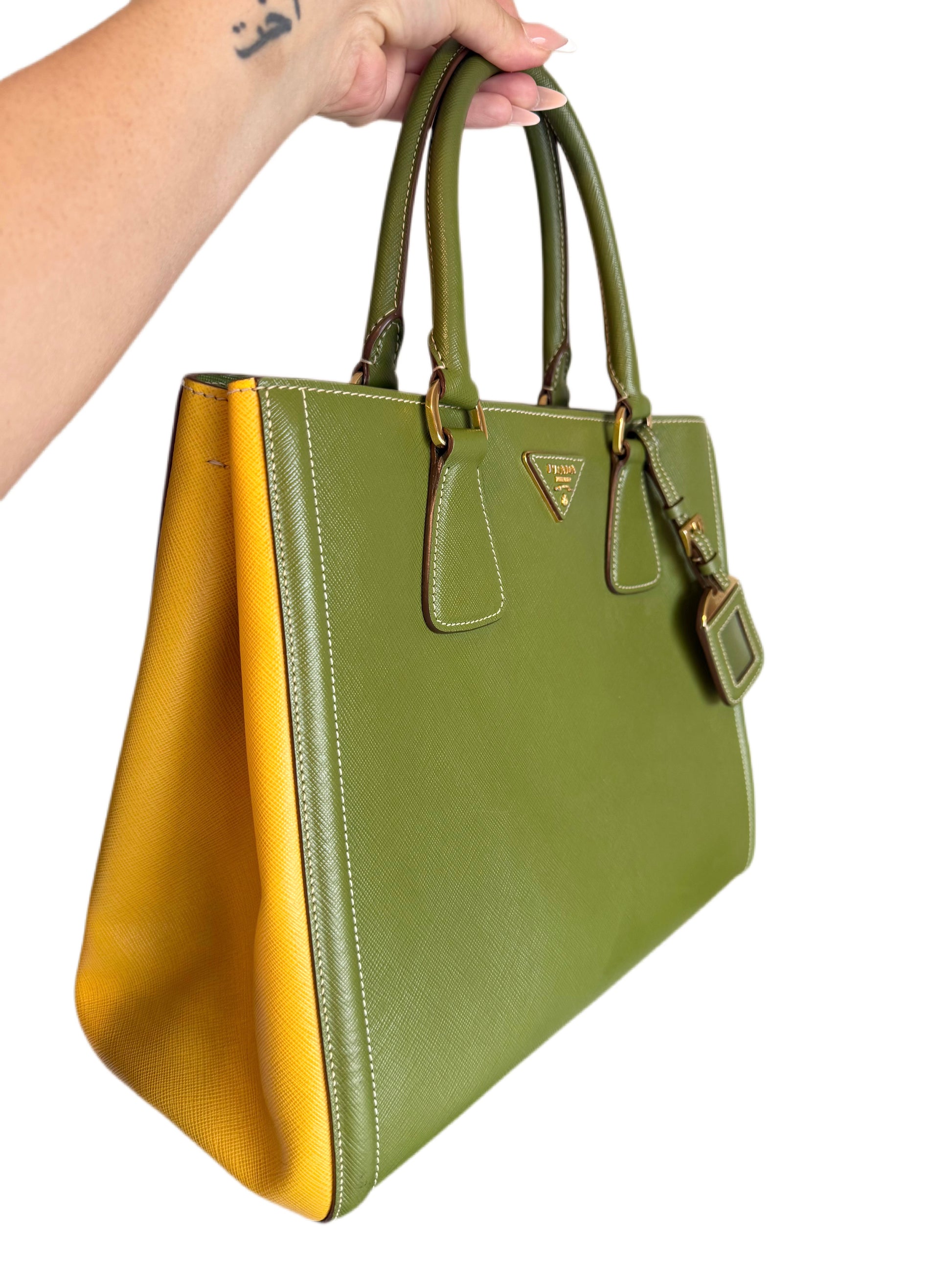 Prada Bicolor Saffiano Lux tote green and yellow bi-color