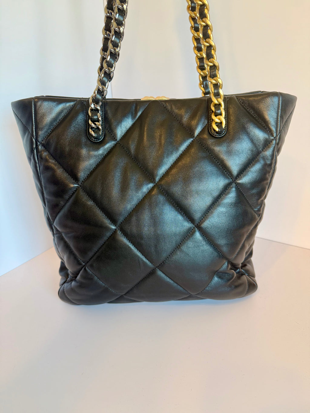 Chanel 19 quilted lamb leather vertical tote