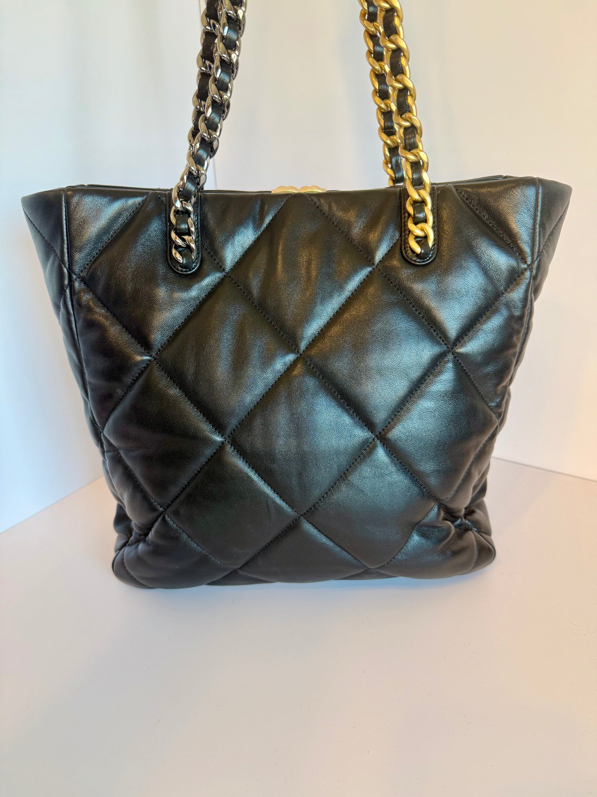 Chanel 19 quilted lamb leather vertical tote
