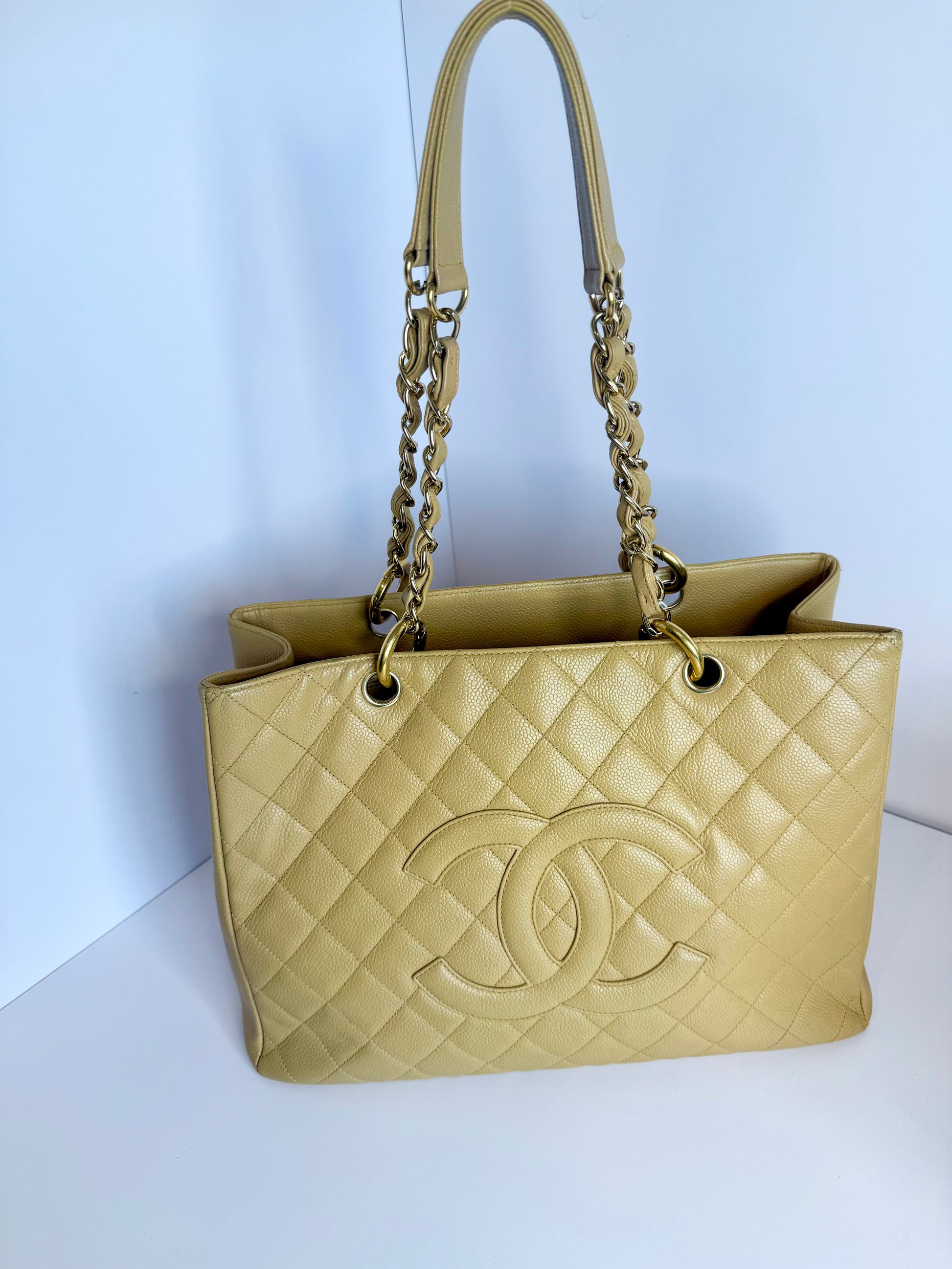 Chanel Caviar Quilted CC Shopping tote tan
