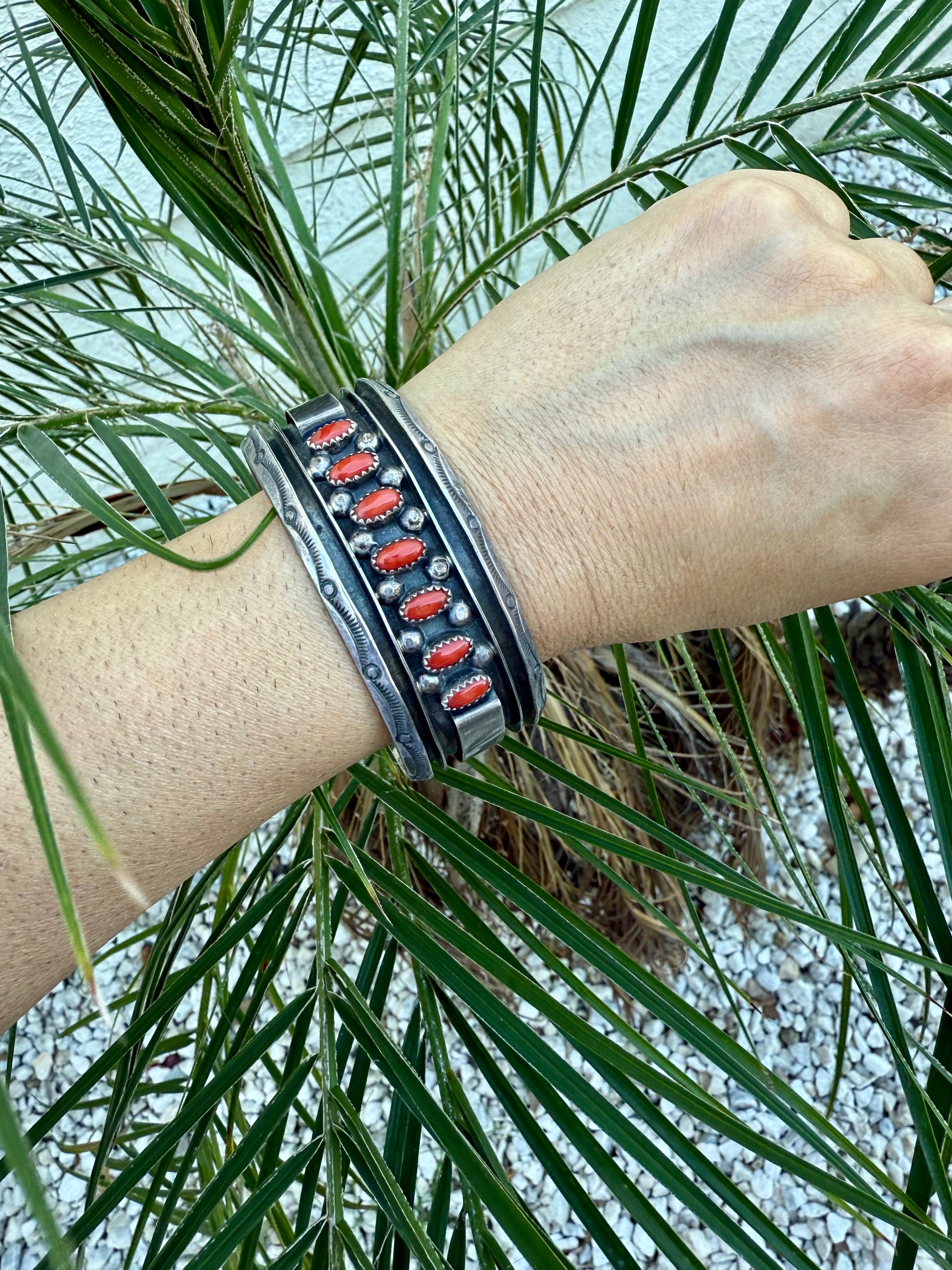 Navajo coral and silver cuff bracelet