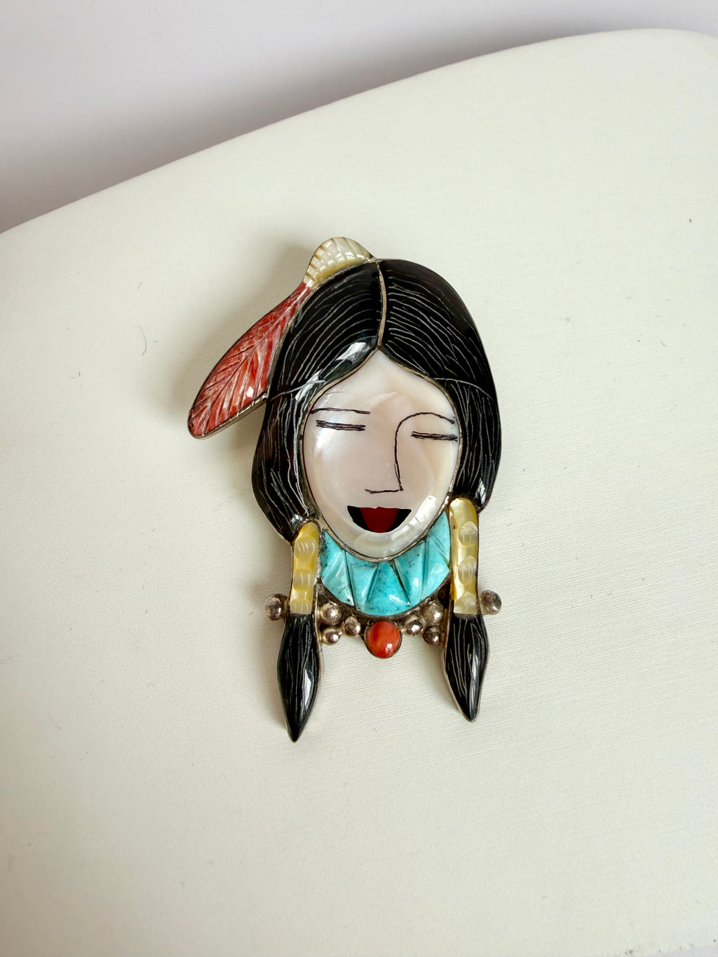 Zuni pendant brooch inlay signed DL