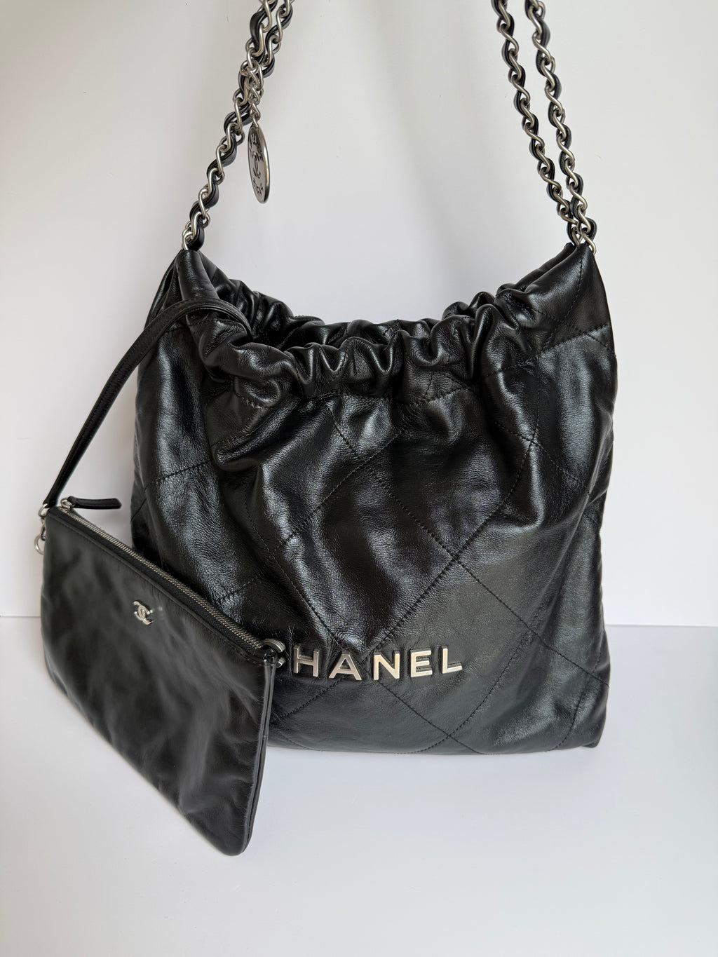Chanel 22 Quilted Calfskin Bag Diamond stitch with brushed silver hardware