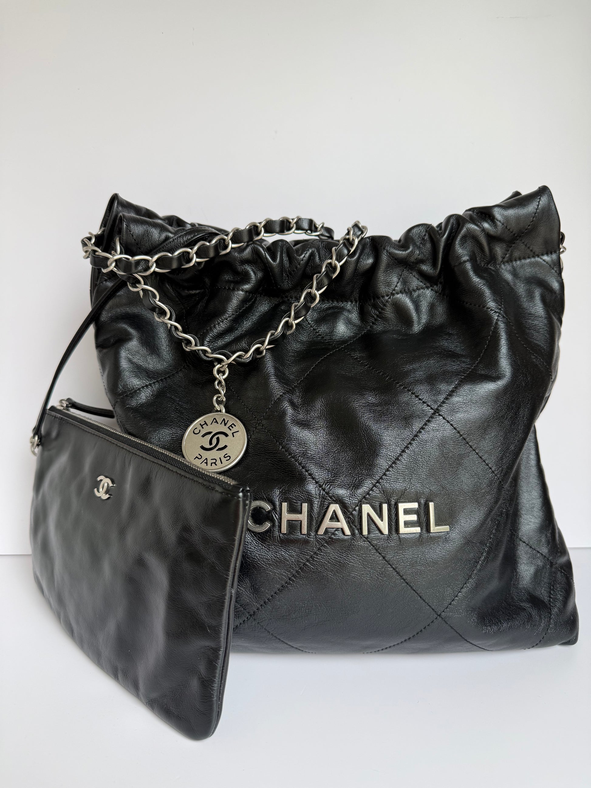 Chanel 22 Quilted Calfskin Bag Diamond stitch with brushed silver hardware
