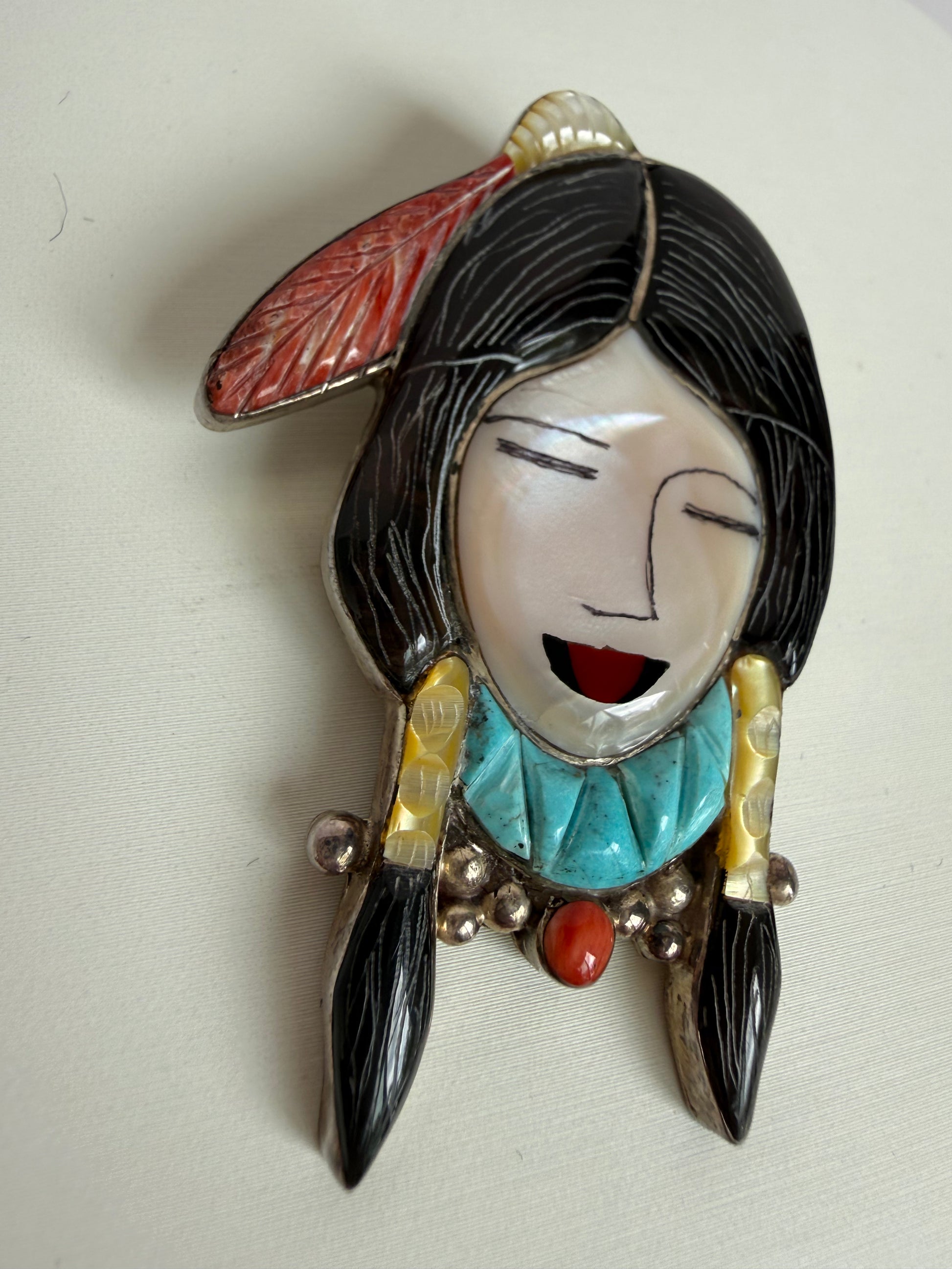 Zuni pendant brooch inlay signed DL