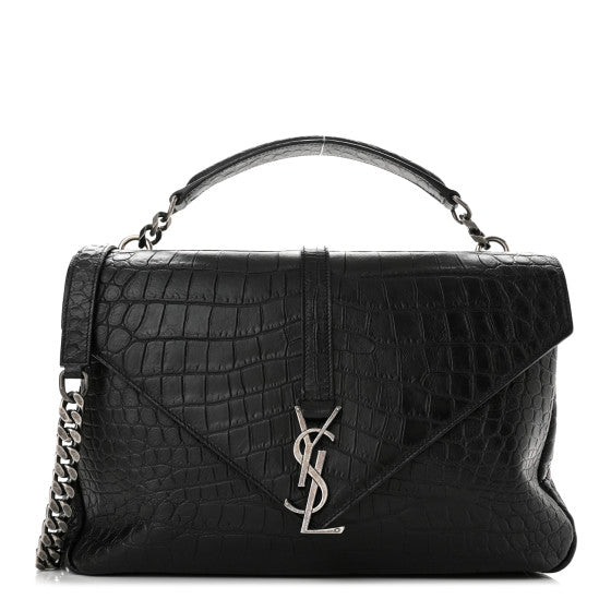 SAINT LAURENT Calfskin Crocodile Embossed Monogram Large College Satchel Black