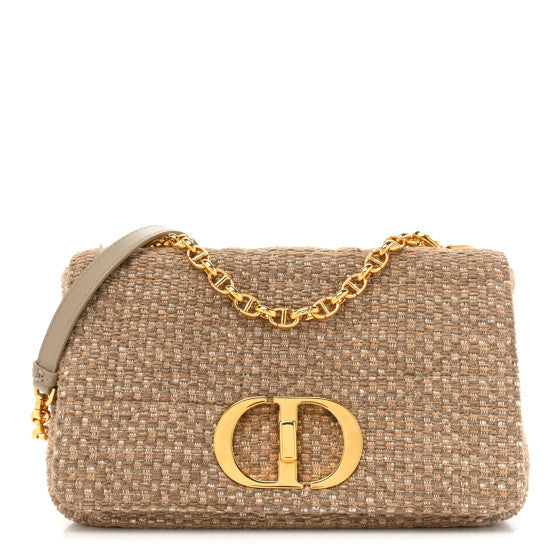 Christian Dior Calfskin Tweed Embroidered Cannage Medium Caro Bag Beige Gold